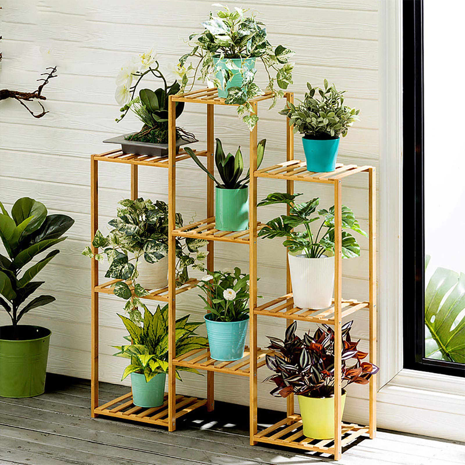 2021 Multi-Tier Bamboo Plant Stand - Indoor/Outdoor Planter Rack with Flower Pots Holder - Natural Wood Display Shelf for Living Room, Patio, Garden (Yellow) - US Stock Fast Shipping