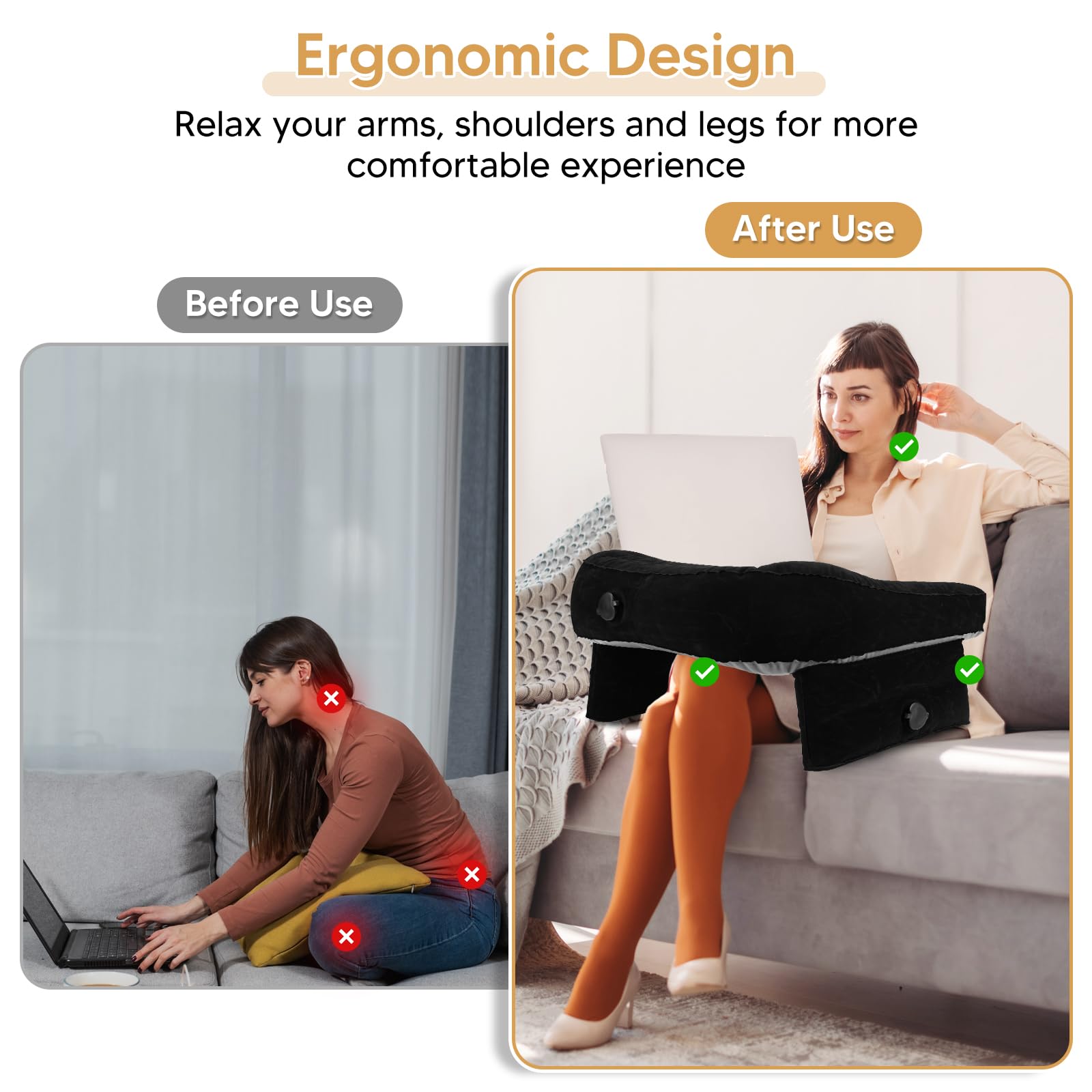 **Extra Large Gaming Pillow for Laptop & Reading – Inflatable Lap Desk Pillow with Arm Support for Working, Crocheting, Playing Steam Deck/Switch, or Sofa Relaxation (Black, No Cushion) – Perfect for Home Office & Gaming Setup**