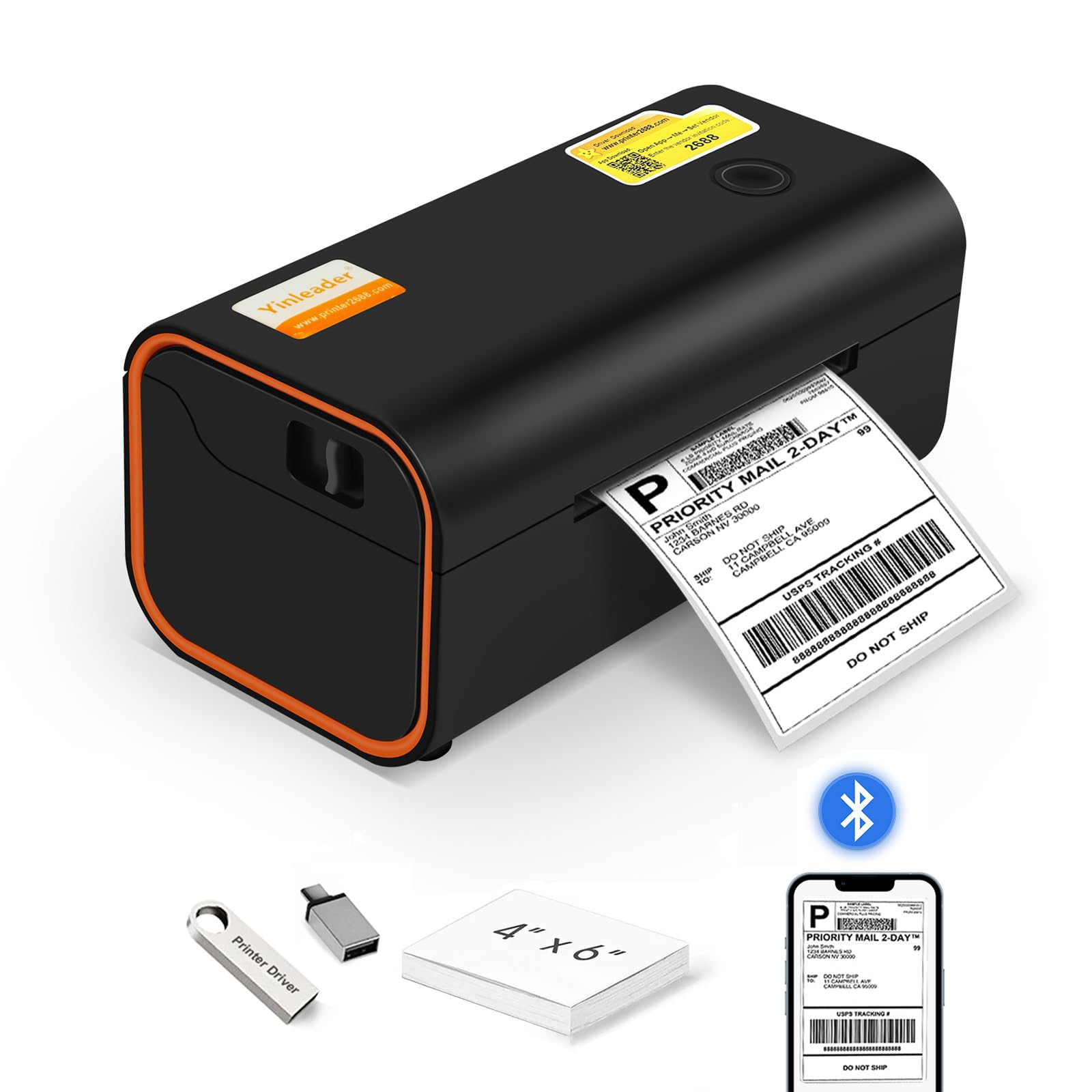 Yinleader 4x6 Thermal Bluetooth Shipping Label Printer - Compatible with Windows, Mac, ChromeOS, iOS, Android - Works with Amazon, eBay, UPS, USPS, FedEx, Shopify - Perfect for E-commerce, Small Business & Home Office Shipping (Black)