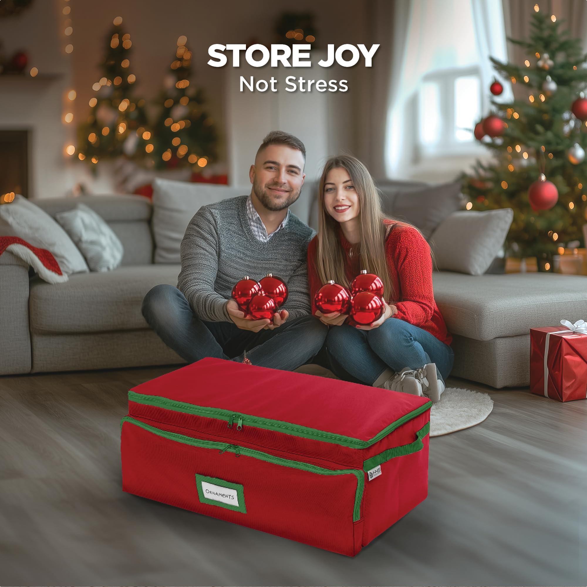 Premium Christmas Ornament Storage Box - 72 Ornaments & 8 Side Slots - Durable 600D Canvas for Holiday Decor Organizing