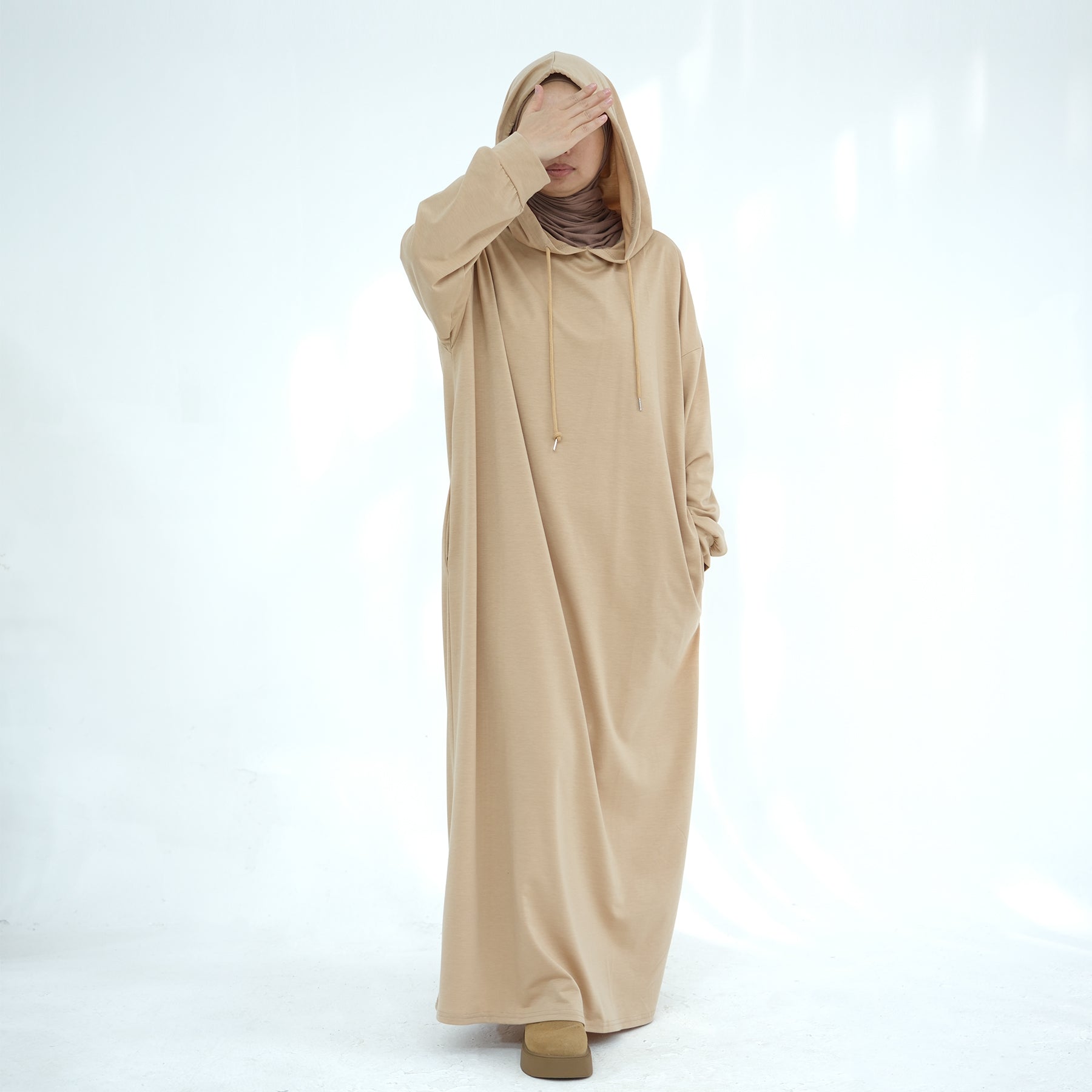 Alora Poly Hoodie Abaya - Modest Islamic Women's Prayer Dress with Hood - Tan | Perfect for Prayer, Mosque, and Everyday Wear
