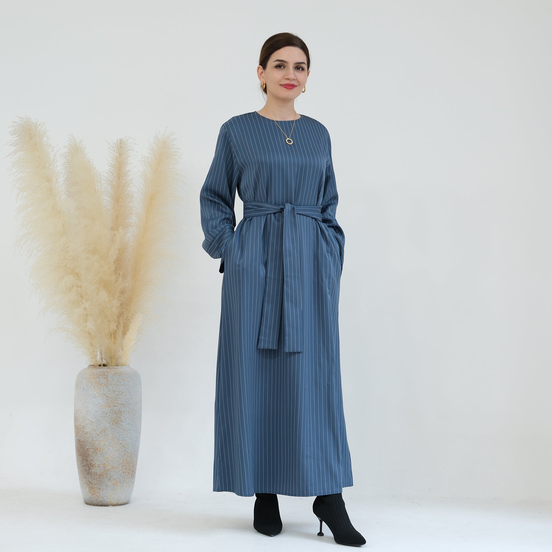 Janine Stripe Long Sleeve Belted Maxi Dress for Women - Flowy Blue Midi Dress with Belt, Elegant Casual & Party Wear, Perfect for Weddings, Date Nights and Summer Outings
