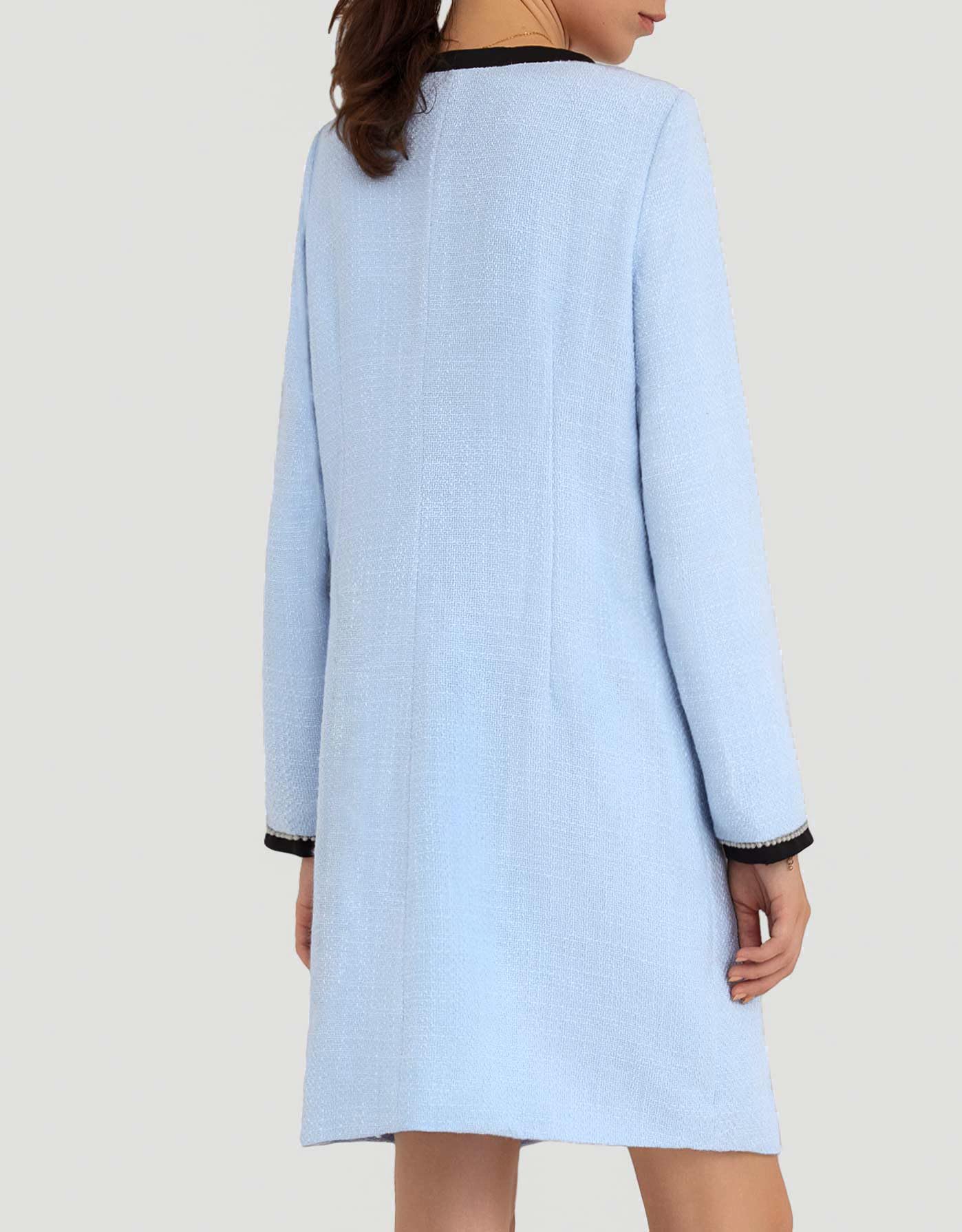 Elegant Women's Tweed Bow Mini Dress - Long Sleeve V-Neck Button Down Business Work Dress in Blue | Perfect for Office, Cocktail Parties & Formal Events