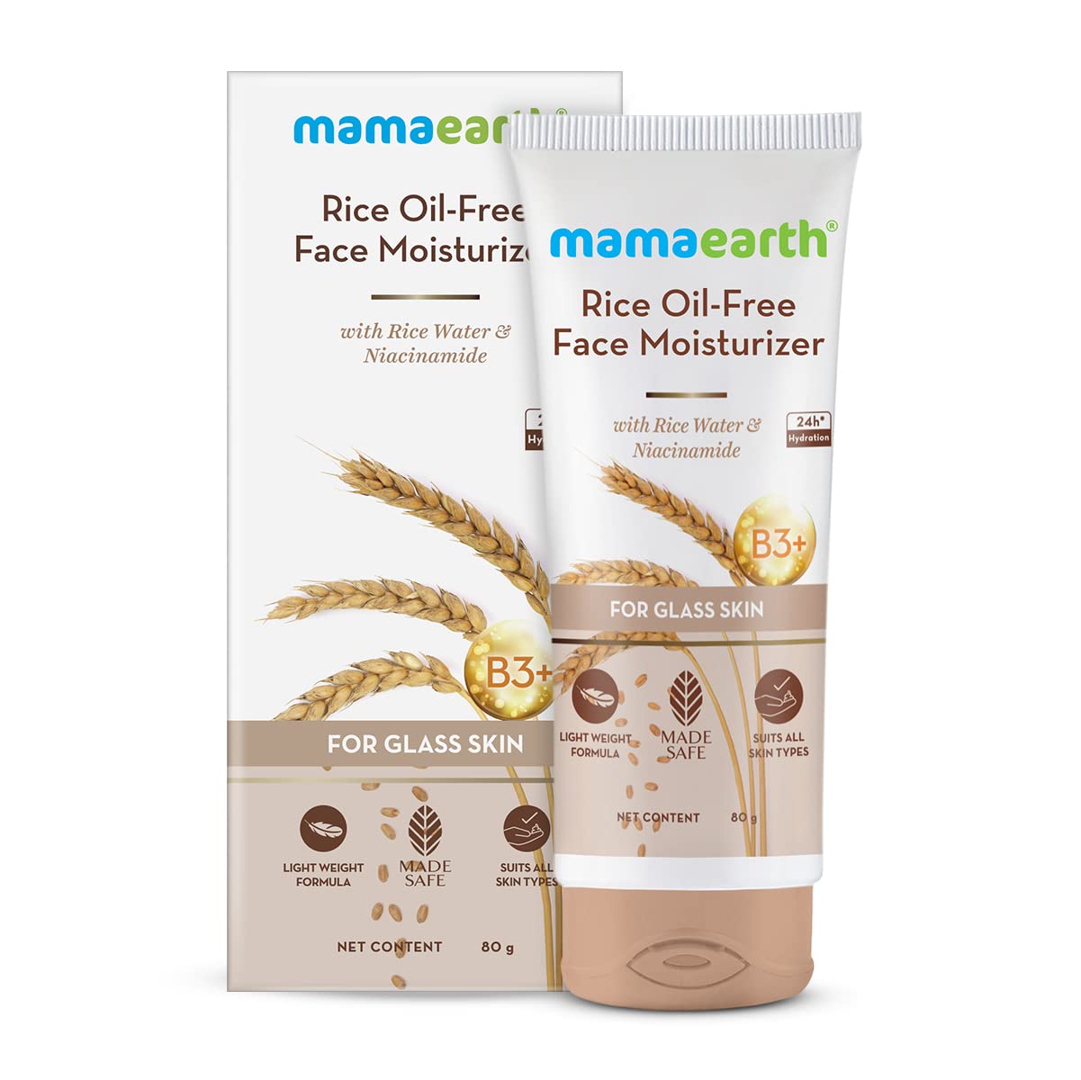 Mamaearth Rice Water & Niacinamide Oil-Free Face Moisturizer for Oily Skin | 24-Hour Hydration & Brightening Cream | Glass Skin Solution | 80g | Perfect for Daily Skincare Routine & Makeup Prep