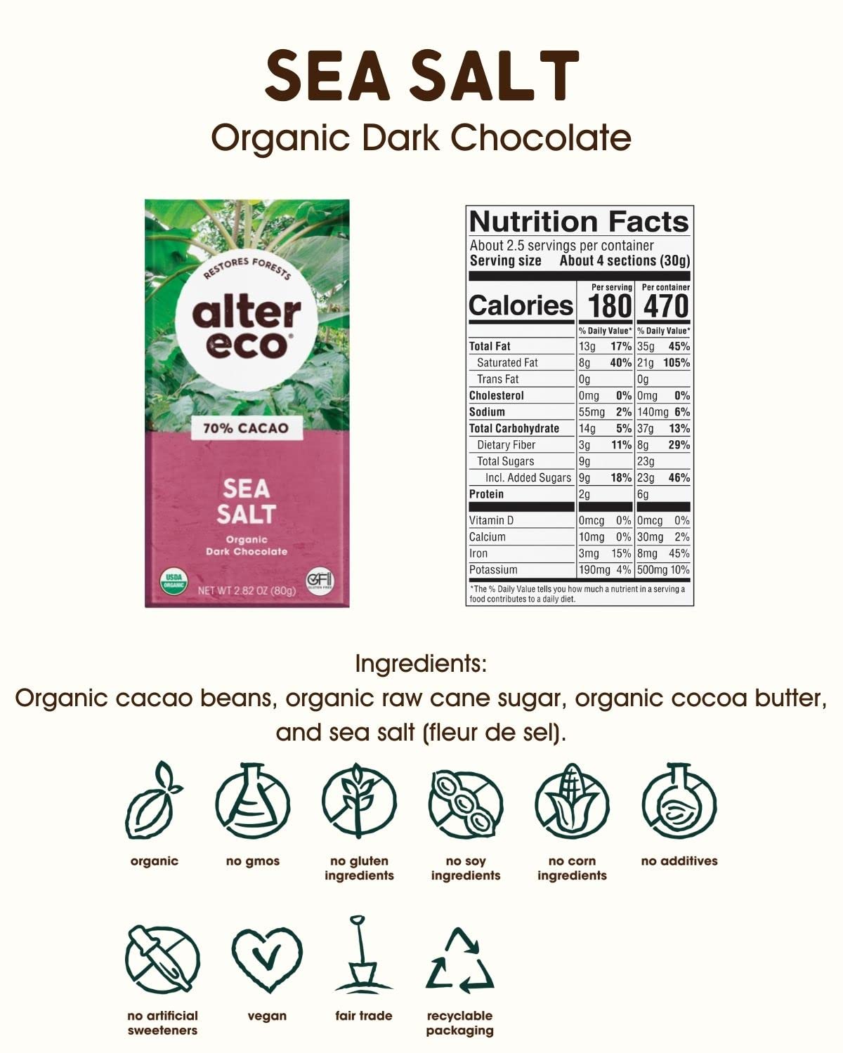 Alter Eco Organic Fair Trade Dark Chocolate Bars with Sea Salt - 12 Pack | Non-GMO, Gluten Free, Pure Dark Cocoa | Perfect for Gifts, Snacking & Healthy Desserts