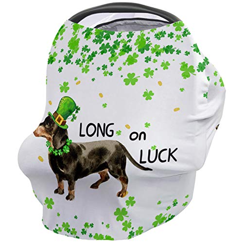 St. Patrick's Day Nursing Cover for Breastfeeding - Multi-Use Baby Car Seat Canopy & Stroller Blanket - Animal Dog with Hat & Clover Design - Perfect for Nursing, Shopping & Outdoor Activities