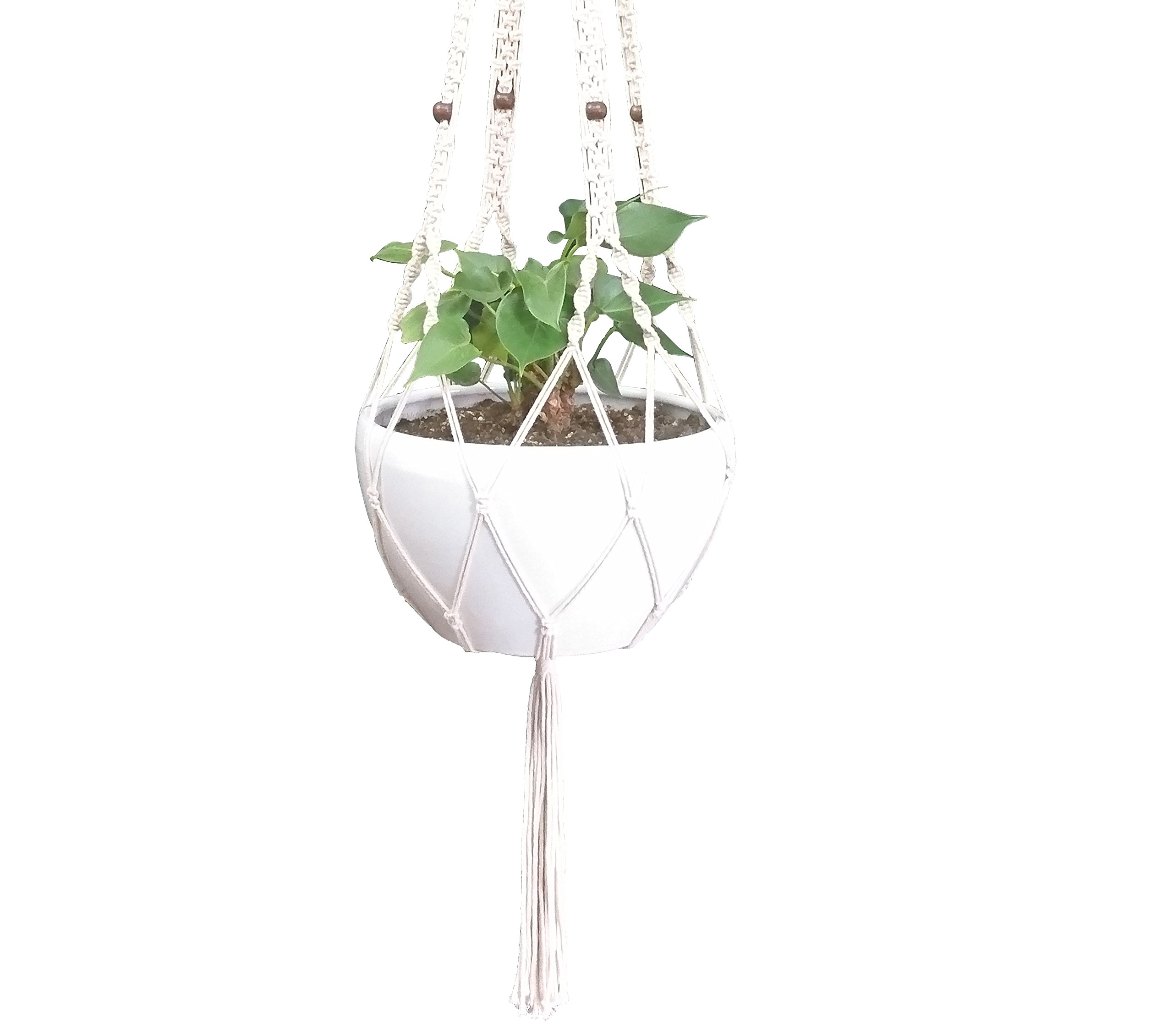 Macrame Plant Hanger - 4 Legs 59 Inch Hanging Planter for 12-13 Inch Pots (Cream Cotton) - Boho Home Decor for Indoor Plants, Living Room, Bedroom & Patio