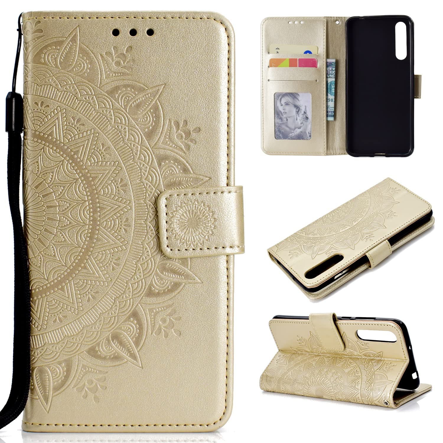 Huawei P20 Pro Wallet Case - Floral Embossed Leather Flip Cover with Card Holder, Shockproof Protective Phone Case for Women (Gold) - Perfect for Daily Use, Travel, and Business Meetings
