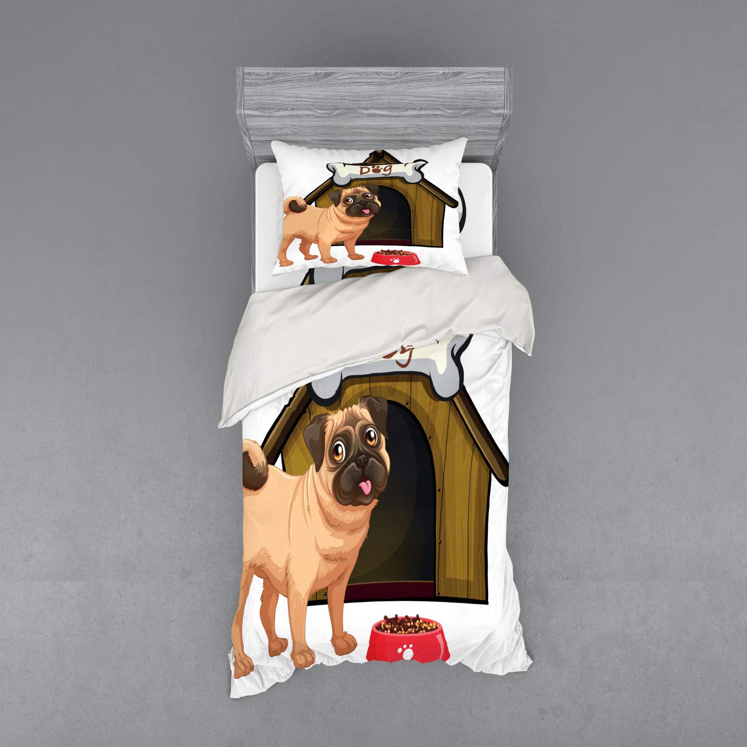 Ambesonne Pug Dog Themed 3-Piece Twin Bedding Set - Duvet Cover, Sham & Fitted Sheet - Cartoon Style Pug House & Food Truck Design in Pale Coffee, Red & Sand Brown - Perfect for Kids' Rooms, Dog Lovers' Bedrooms & Themed Guest Rooms