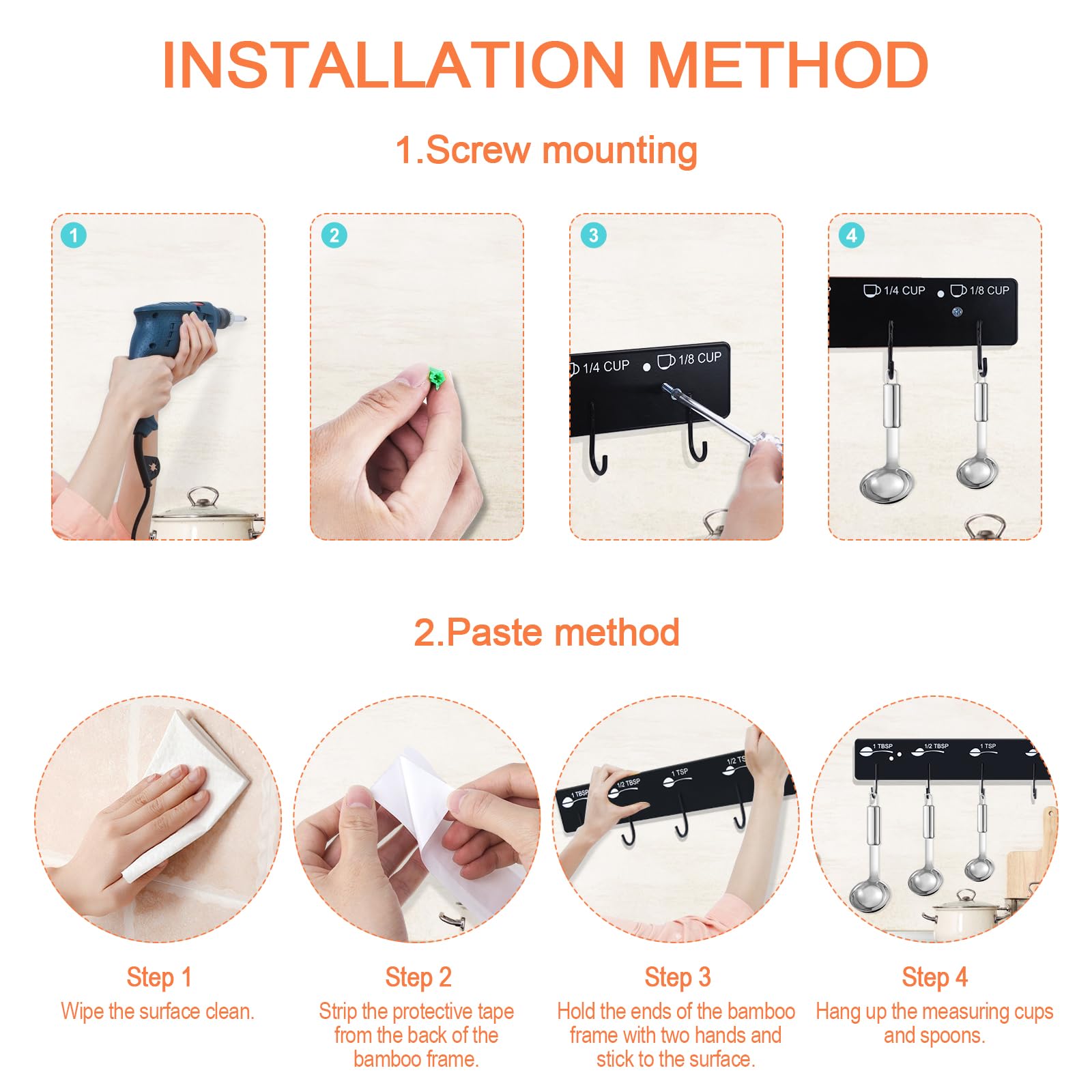 Premium Measuring Cups and Spoons Hanging Rack - 2-Piece Kitchen Organizer with Screw & Adhesive Mounting for Easy Storage | Perfect for Baking, Cooking, and Kitchen Organization