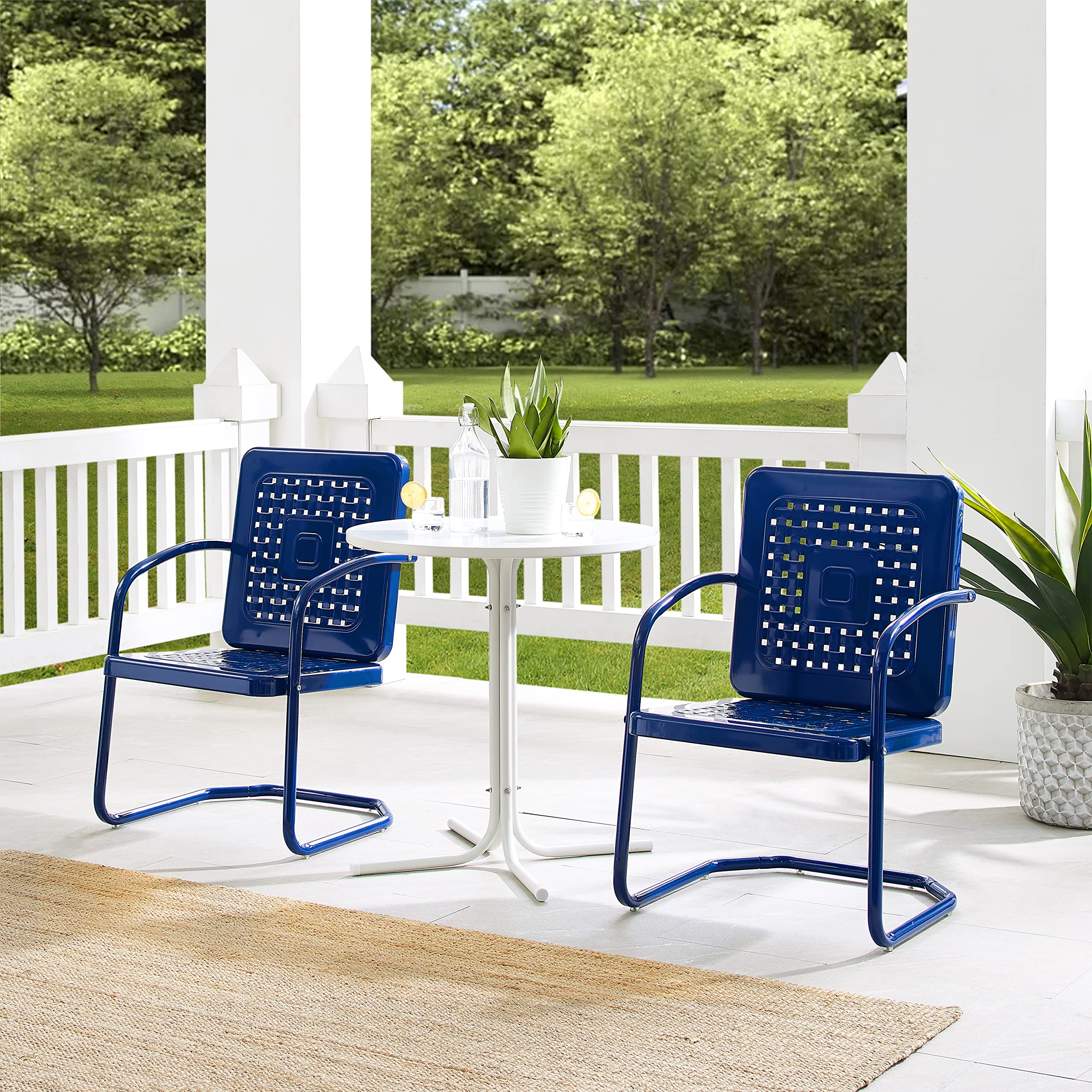Crosley Furniture Bates 3-Piece Outdoor Bistro Set - Retro Metal Patio Table and Chairs for Dining, Porch, Garden, Backyard - Navy Gloss Finish - Perfect for Small Spaces, Balcony Decor & Outdoor Entertaining