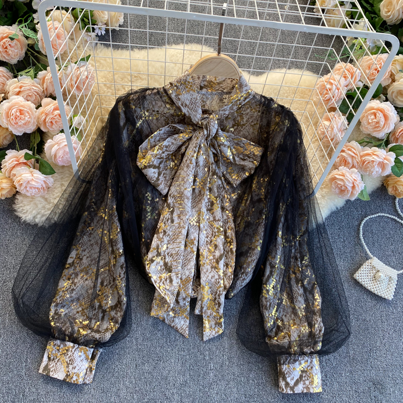 Women's Vintage Mesh Balloon Sleeve Blouse - Loose Fit Retro Tops for Casual Wear, Party & Boho Style Outfits
