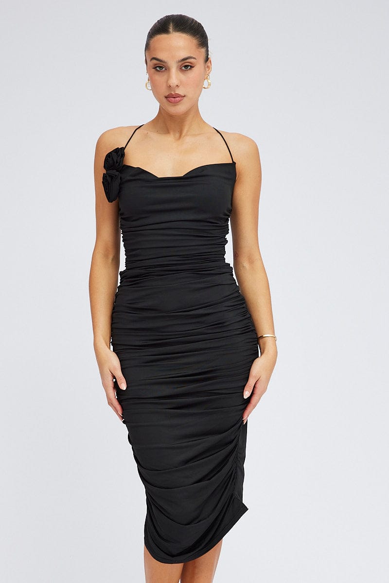 Elegant Black Bodycon Midi Dress with Rose Strappy Rosette Detail for Women - Perfect for Date Night, Cocktail Party & Evening Events