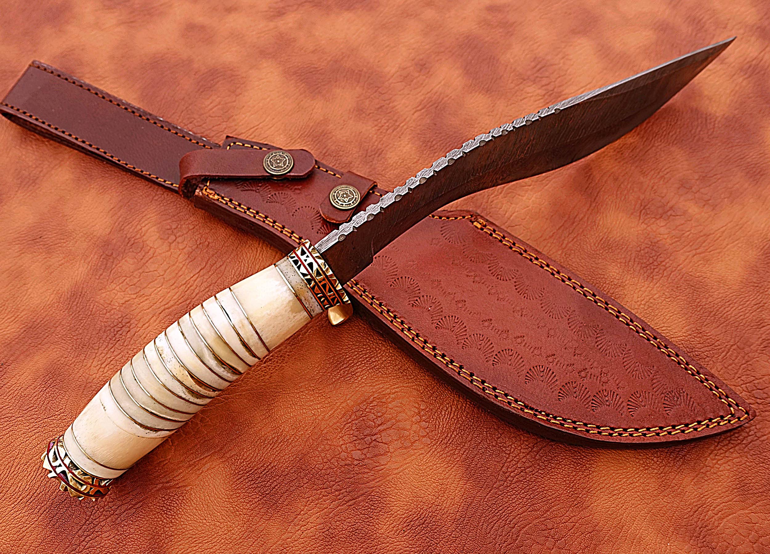 Premium Damascus Steel Hunting Bowie Knife - Handcrafted with Sharp Blade & Camel Bone Handle - Perfect for Outdoor Adventures, Camping, and Survival Gear