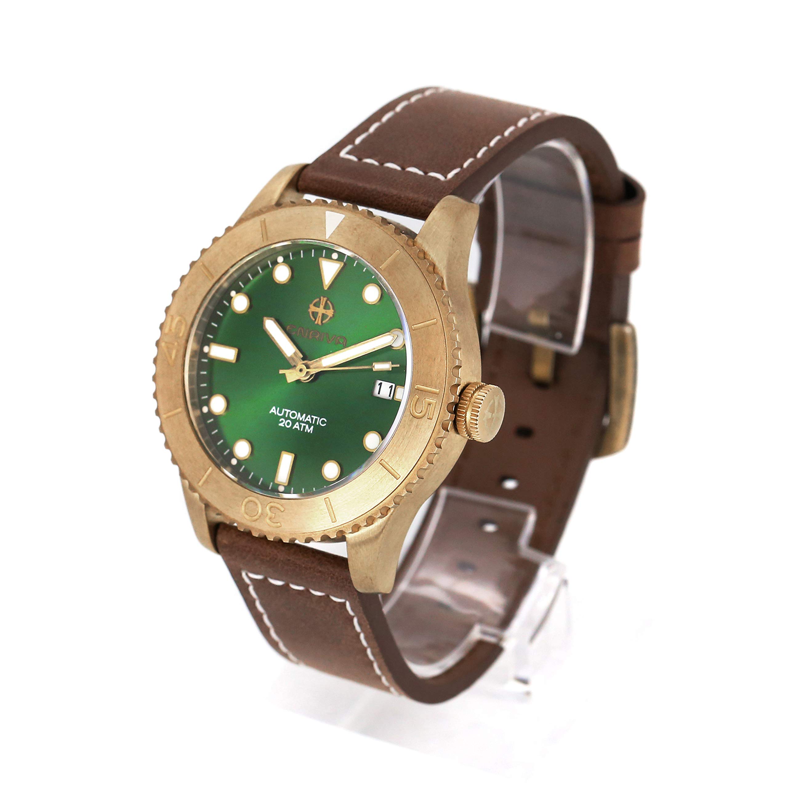 ENRIVA Men's 200m Water Resistant Bronze Automatic Military Dive Watch with Japanese NH35 Movement, Super Luminous, Leather Strap - Perfect for Scuba Diving, Outdoor Adventures & Everyday Wear