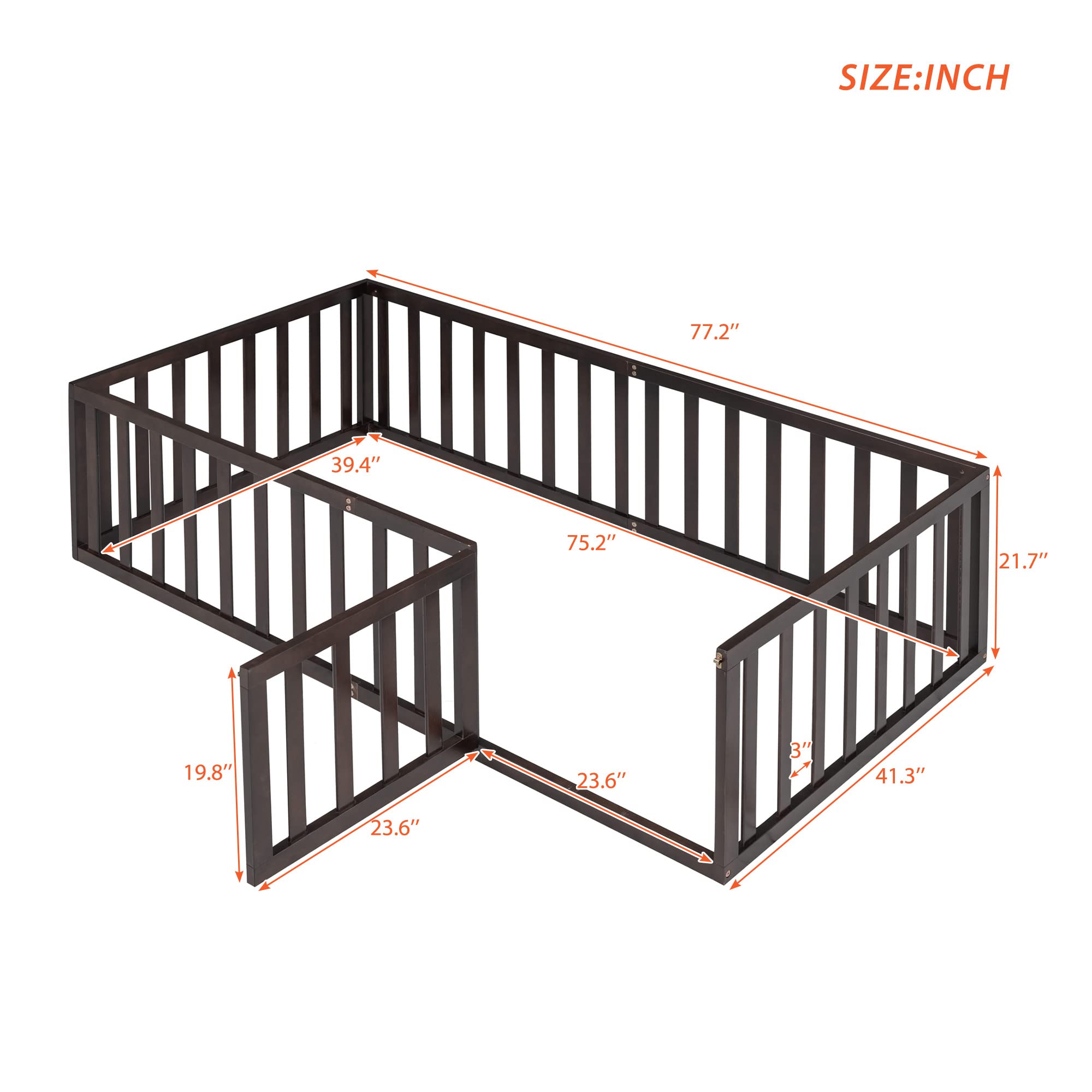 LZ LEISURE ZONE Twin Size Solid Wood Platform Bed Frame with Fence & Door - Espresso Finish Daybed for Kids Room, Guest Bedroom & Small Spaces