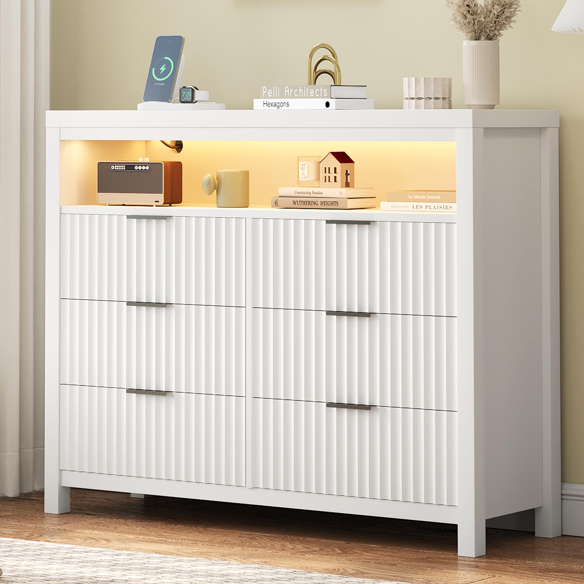 Modern 6-Drawer Fluted Dresser with Built-in Power Outlet & LED Lights - Wooden Chest of Drawers with Charging Station, Large TV Stand Dresser, Double Drawer Organizer for Bedroom, Living Room, Hallway (White) - Perfect for Contemporary Home Décor & Smart Device Charging