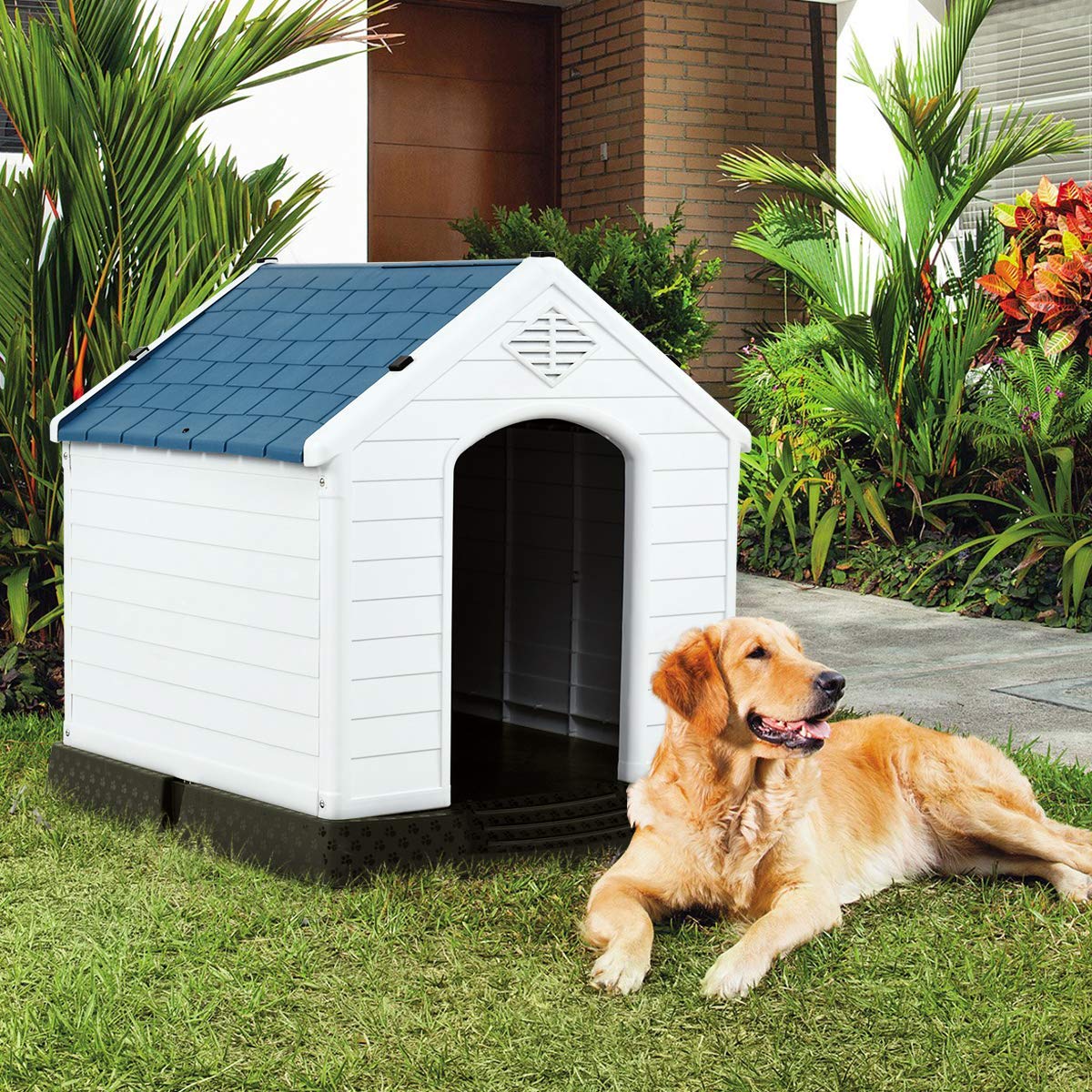 **Giantex Waterproof Plastic Dog House for Medium Dogs - Outdoor & Indoor Pet Kennel with Air Vents, Elevated Floor, Easy Assembly - Perfect for Backyard, Patio, or Feeding Station**
