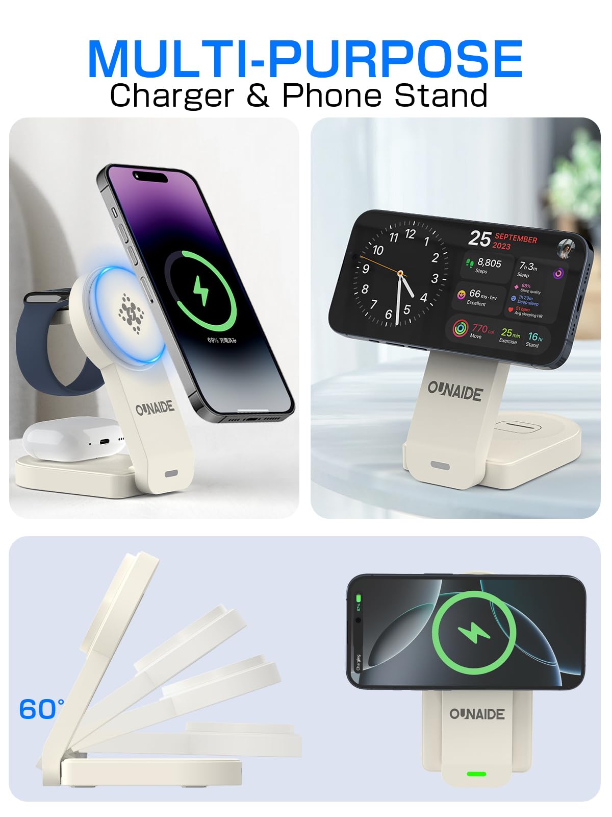 3-in-1 Magnetic Wireless Charging Station | Foldable MagSafe Charger for iPhone 16/15/14/13/12 Series | Compatible with Apple Watch Ultra 2/Ultra/SE 2/SE/10/9/8/7/6/5 & AirPods Pro 2/Pro/4/3 | White | Perfect for Home, Office & Travel Charging Needs