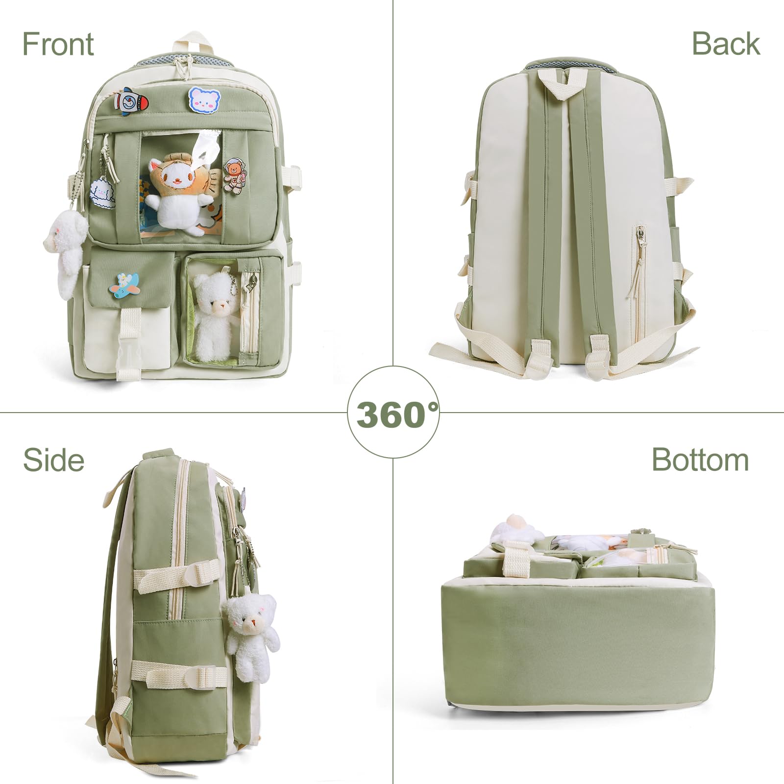 Kawaii Backpack Set for Girls - 5pcs Cute School Bag with Accessories & Pins | Aesthetic Handbag & Tote for Kids | Perfect for School, Travel & Daily Use