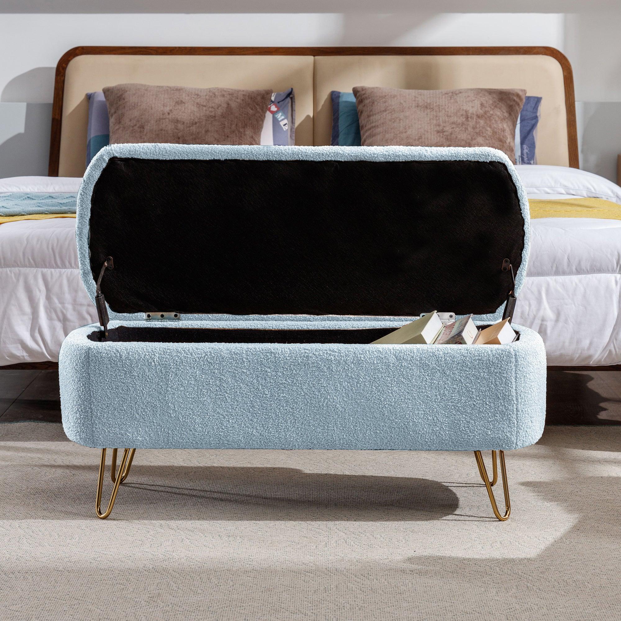 Modern Blue Storage Ottoman Bench with Gold Legs & Grey Faux Fur Upholstery - Padded Seat with Hidden Storage for Bedroom, Living Room & Entryway | Perfect for Extra Seating, Footrest & Home Organization