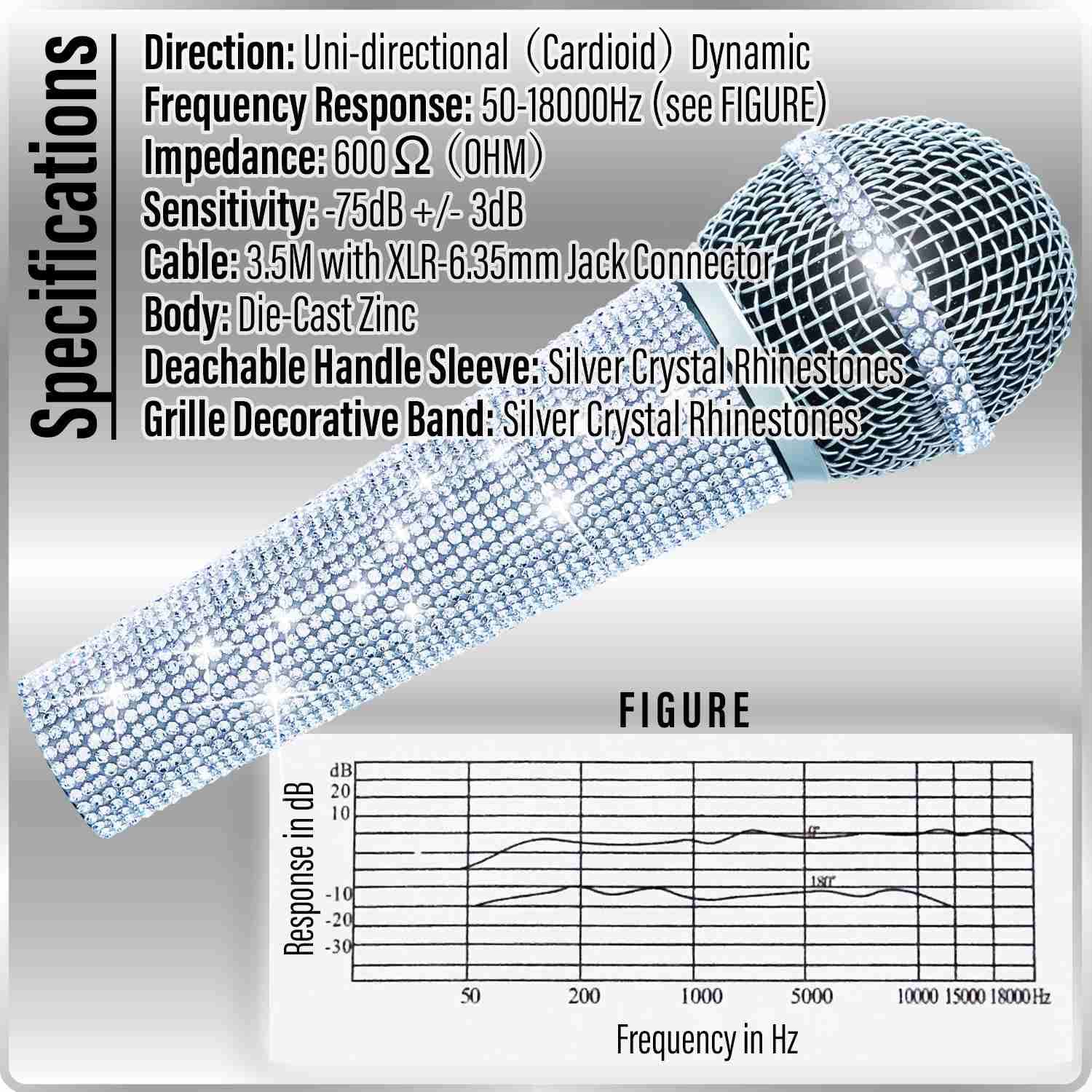 Professional Crystal Silver Dynamic Vocal Microphone with 3M XLR Cable - Glitter White Wired Mic with Shiny Bling Handle Cover - All Metal Body for Karaoke, Live Singing & Home Studio Recording