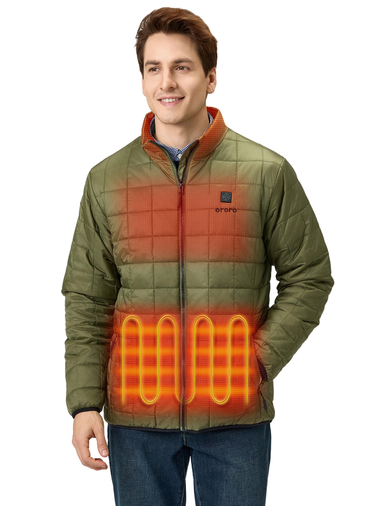 ORORO Men's Lightweight Heated Jacket with 3 Heat Settings - Battery-Powered Winter Coat with Heated Collar for Outdoor Activities (Hunting, Skiing, Camping) - Charger Not Included