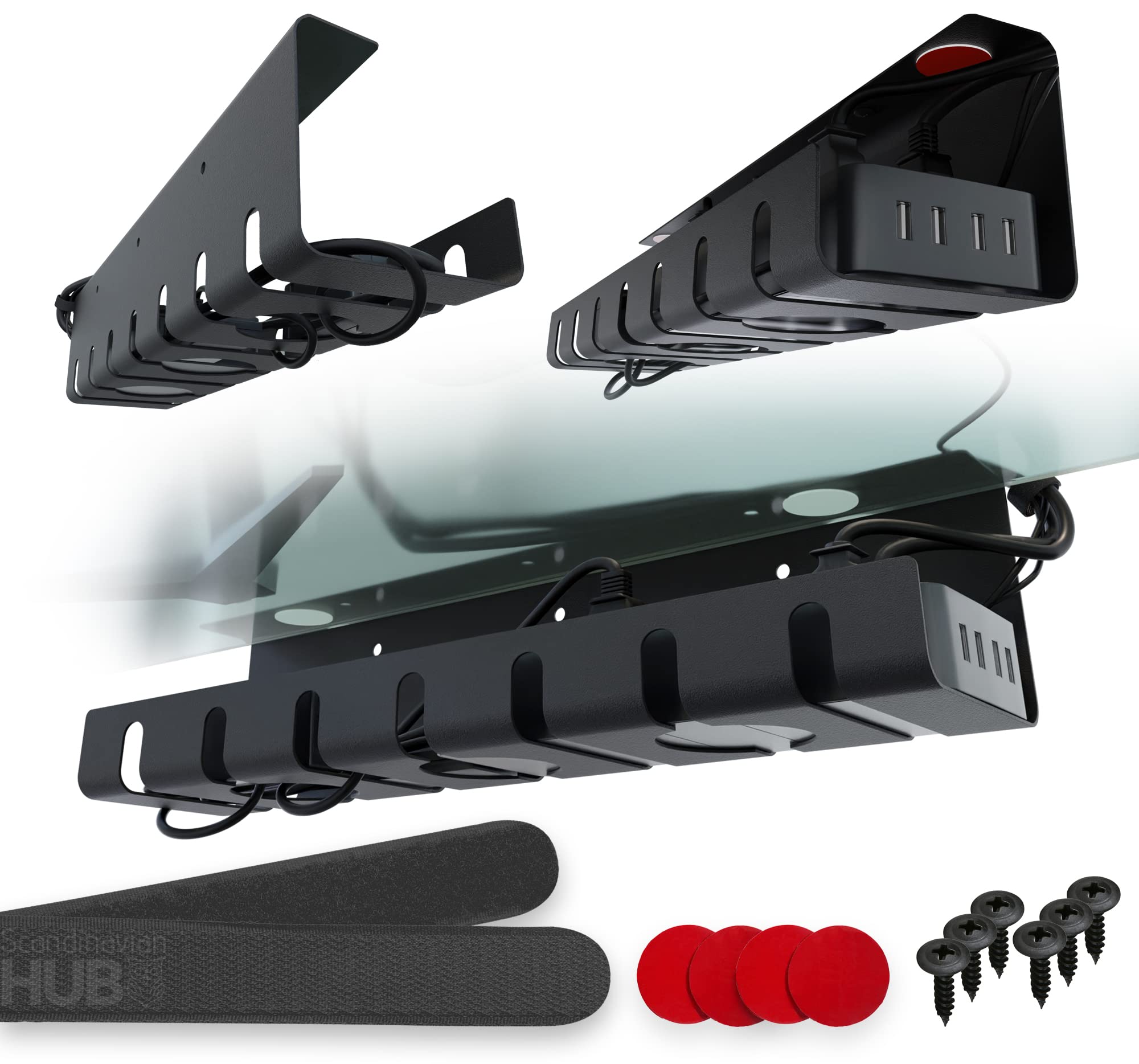 Under Desk Cable Management Tray - No Drill Wire Organizer for Glass & Standing Desks, Black (Set of 2) - Keep Workspace Neat for Home Office & Gaming Setup