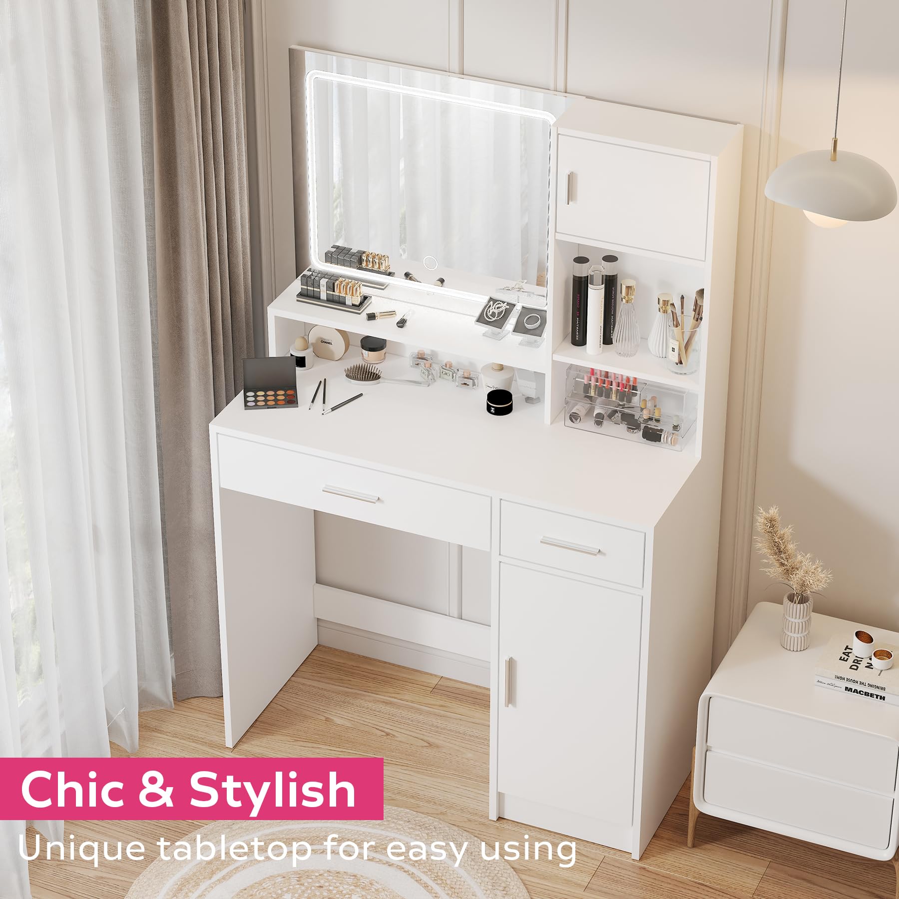 Vanity Desk with Mirror & LED Lights - Adjustable Brightness 3 Lighting Modes, Large Drawer & 3-Tier Storage Dresser for Bedroom Makeup & Dressing Area | Perfect for Home Beauty Station, Cosmetics Organization & Vanity Setup