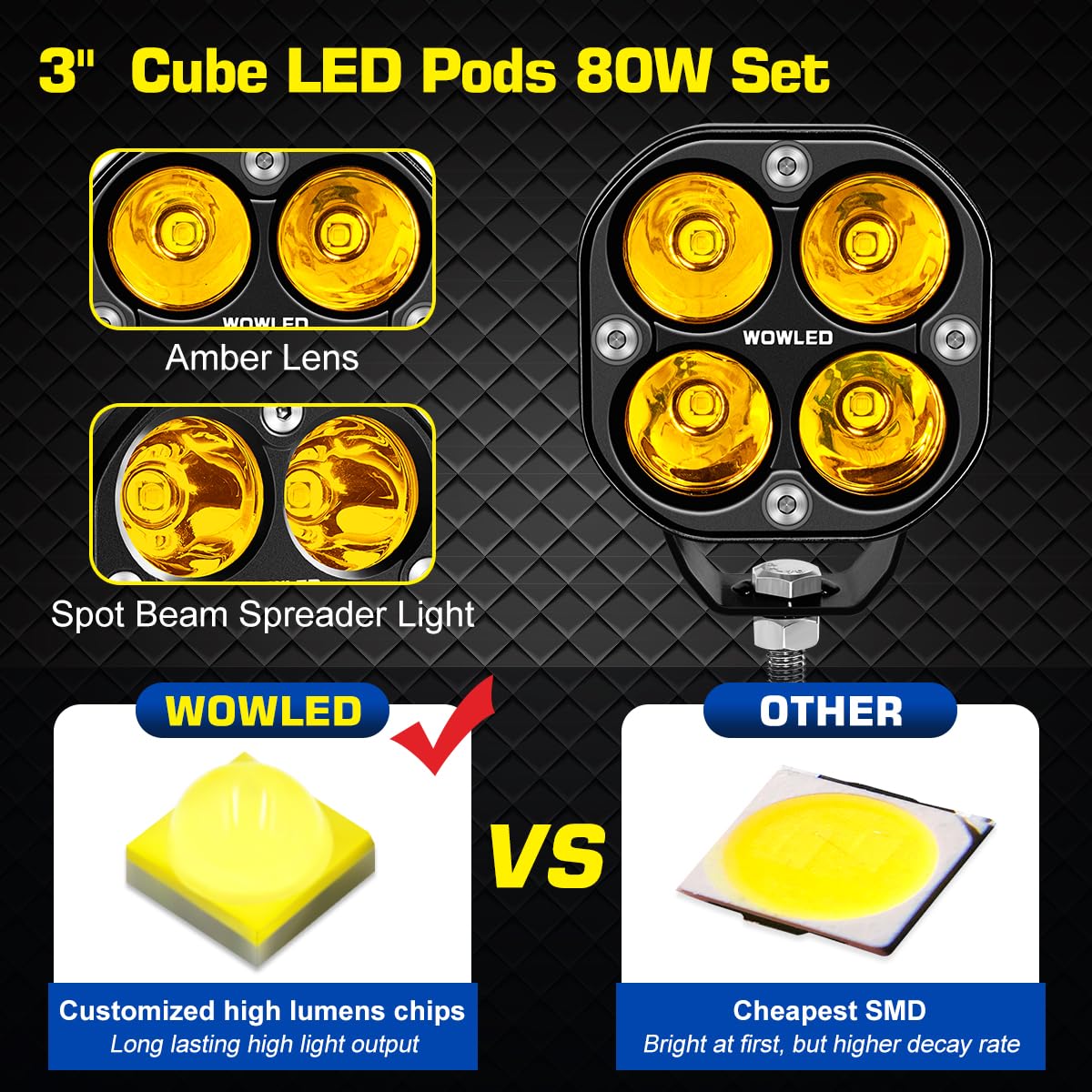 2Pcs 3.2 Inch Amber LED Cube Pods - Spot Yellow Ditch Lights for Off-Road Driving, Fog Lights for 4x4 Trucks, SUV, UTV, ATV, Tractor & Marine Boats (12V/24V) - Perfect for Night Off-Roading, Work Lighting & Emergency Vehicle Use