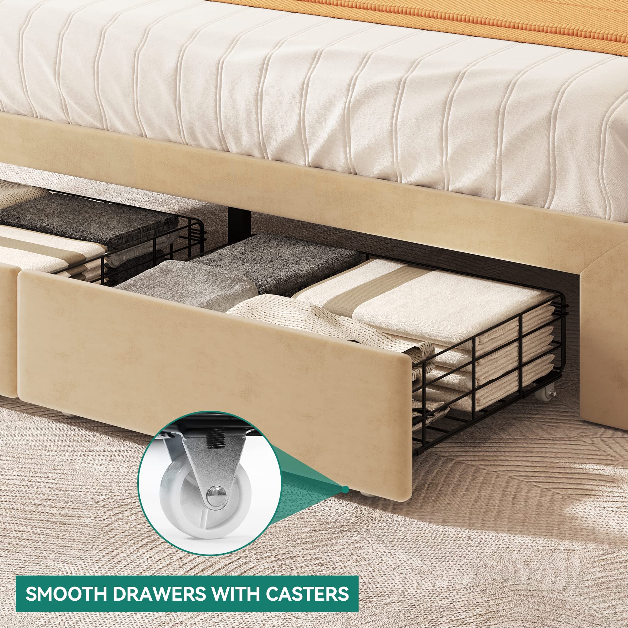 YITAHOME Queen Size Upholstered Platform Bed Frame with Storage Drawers & USB Charging Stations - Beige Modern Bed with Headboard & Wood Slat Support, No Box Spring Needed - Perfect for Small Bedrooms, Guest Rooms & Apartments