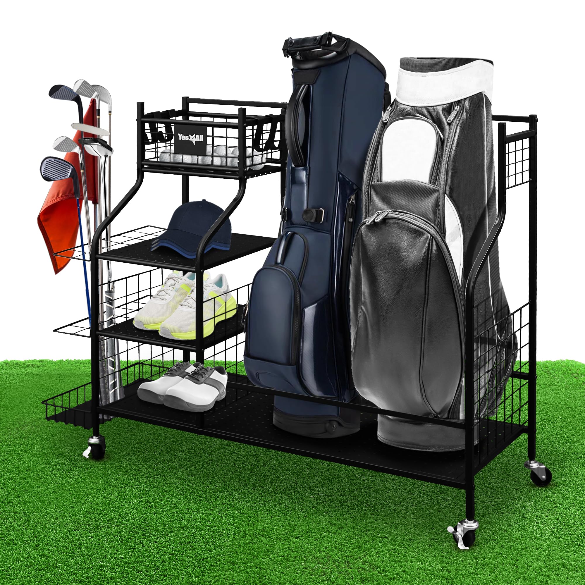 Yes4All Golf Storage Garage Organizer - Golf Bag Stand & Equipment Rack for Clubs | Heavy Duty Black Golf Gear Organizer | Perfect for Home, Garage & Club Storage
