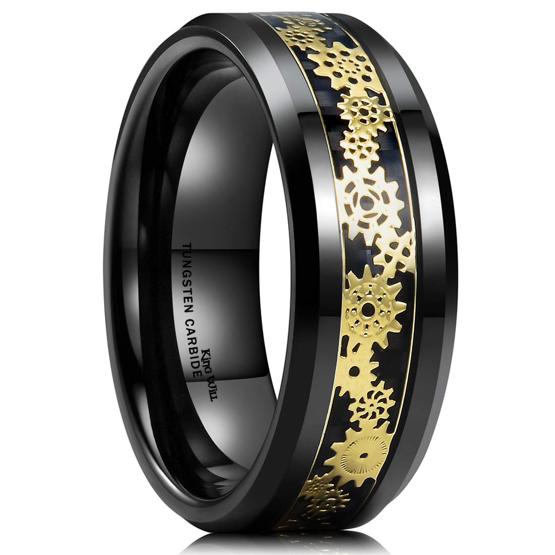 King Will Men's 8mm Tungsten Carbide Ring - Silver/Gold/Red/Yellow Steampunk Gear Design with Carbon Fiber Inlay - Durable Wedding Band for Men - Perfect for Engagements, Anniversaries & Everyday Wear