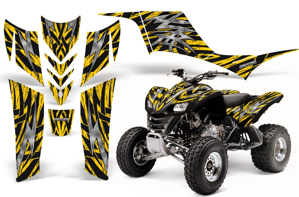 Kawasaki KFX 700 ATV Graphics Kit - High-Quality Decals & Stickers in Bolt Thrower Yellow | Off-Road Racing & Trail Riding Accessories