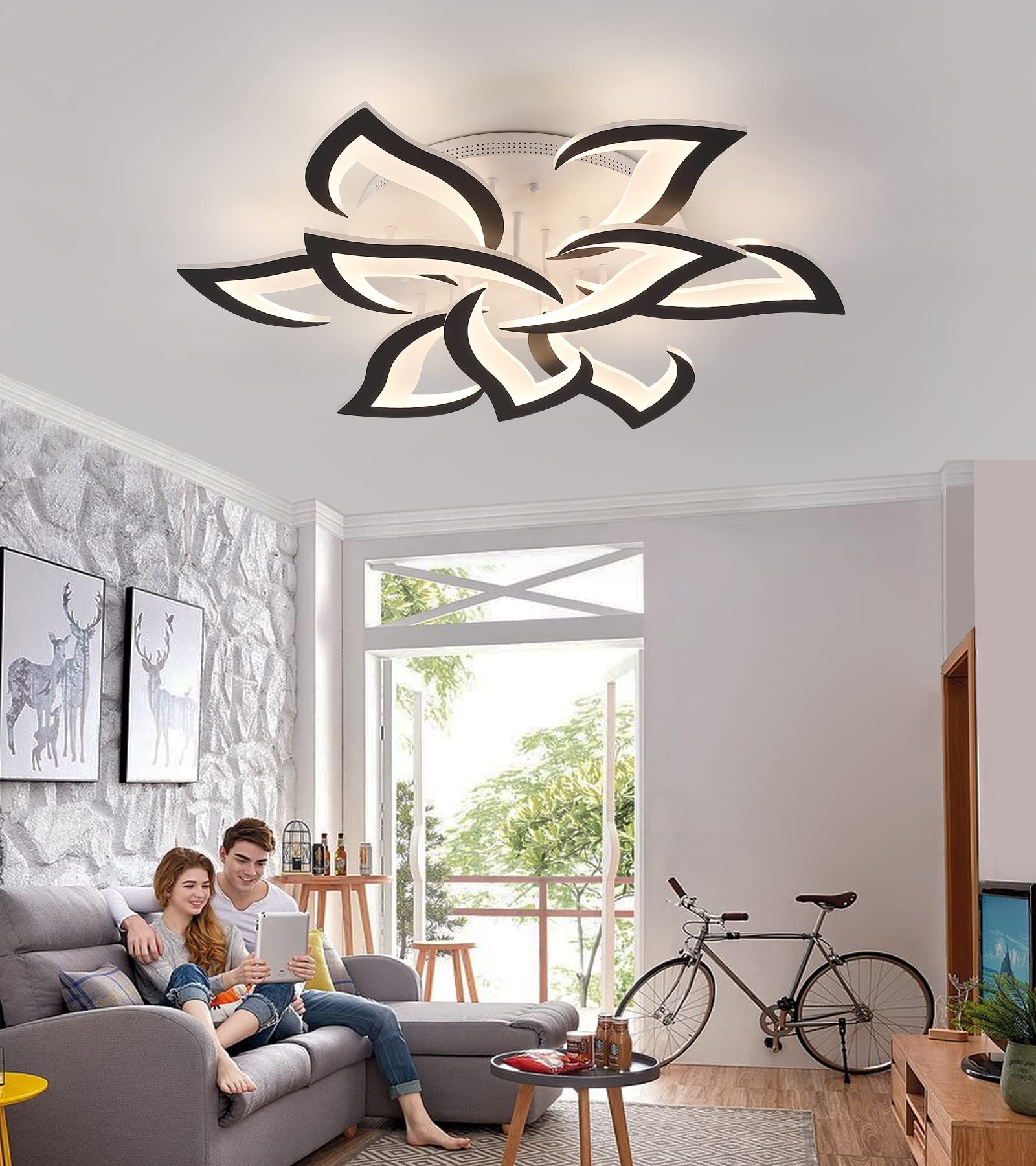 MEIXISUE Modern Black LED Floral Ceiling Light Fixture with Remote Control - Dimmable 31.5