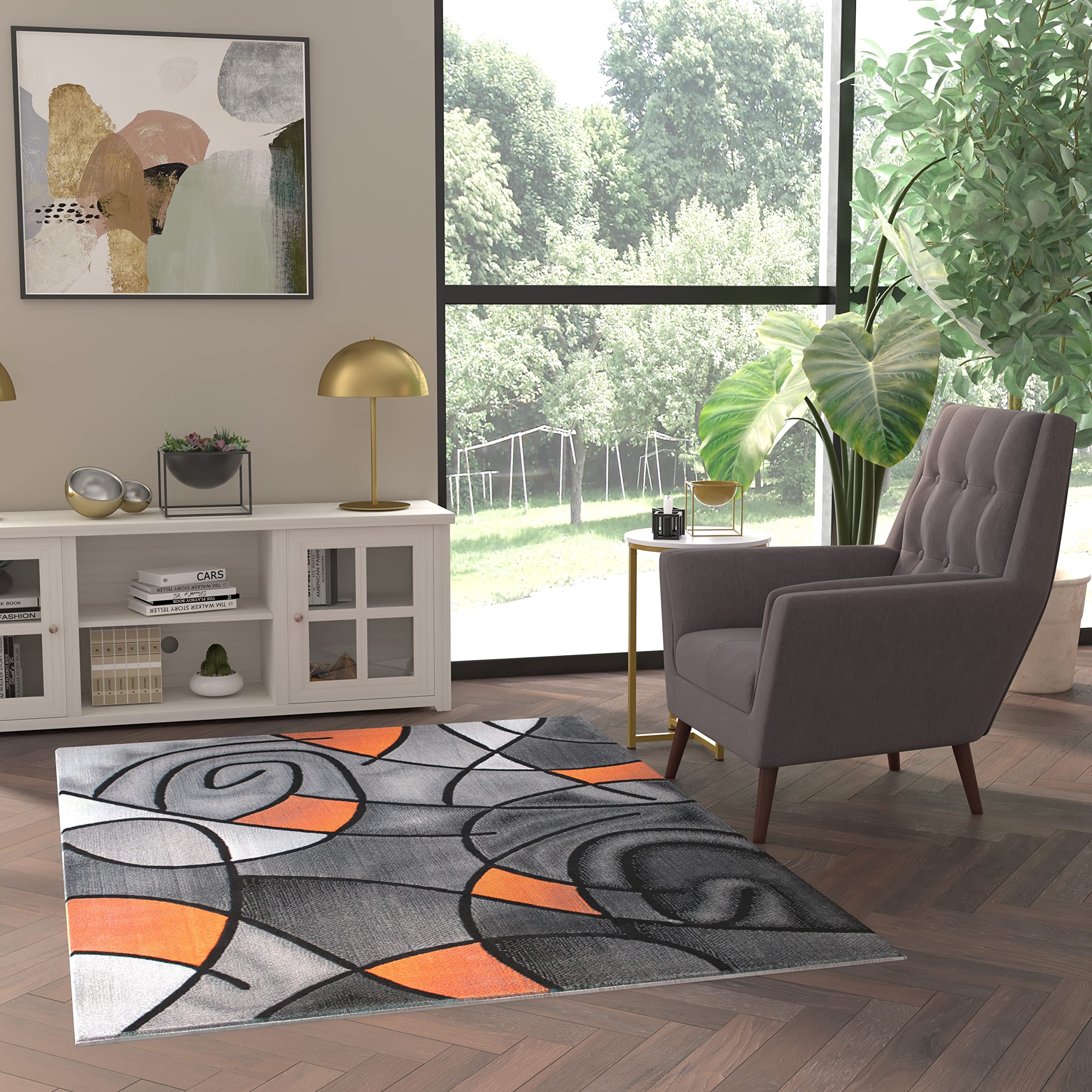 EMMA + OLIVER Urbane Plush Olefin Accent Rug - 5x7 Abstract Geometric Pattern with Gradient Gray & Vibrant Orange - Stain & Moisture Resistant Indoor Rug - Perfect for Living Room, Bedroom or Office Decor