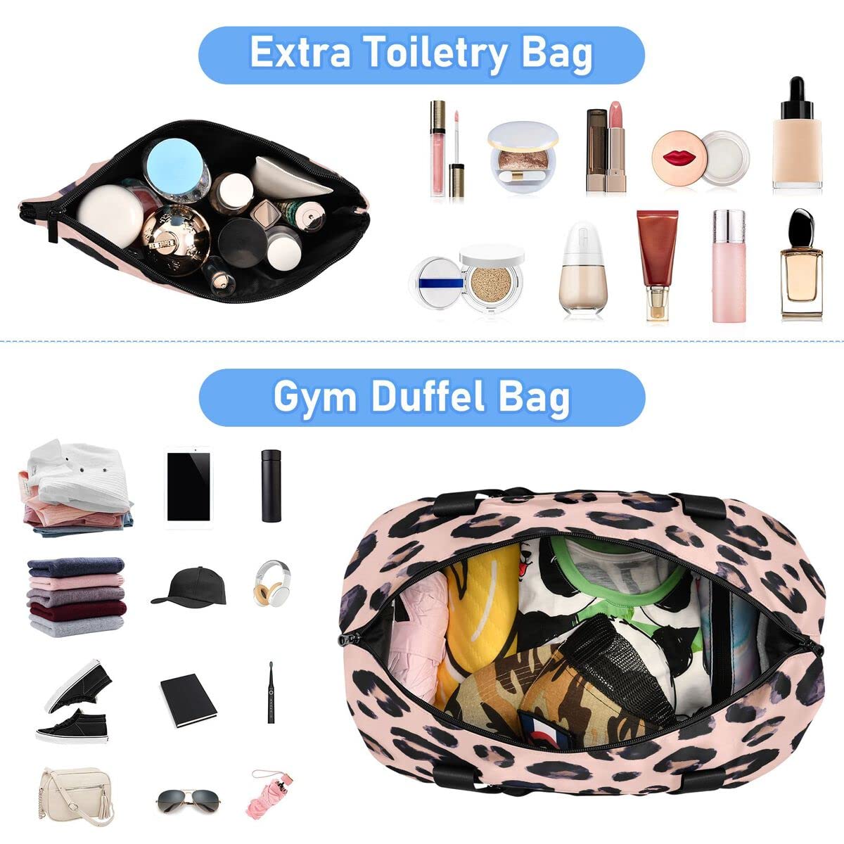 **Premium Gym & Travel Duffel Bag with Wet Pocket, Shoe Compartment & Toiletry Bag - Leopard Print Cheetah Pink - Ideal for Gym, Yoga, Business Trips & Weekend Getaways**    *(Use Cases: Perfect for workouts, overnight stays, business travel, yoga sessions, and weekend adventures.)*