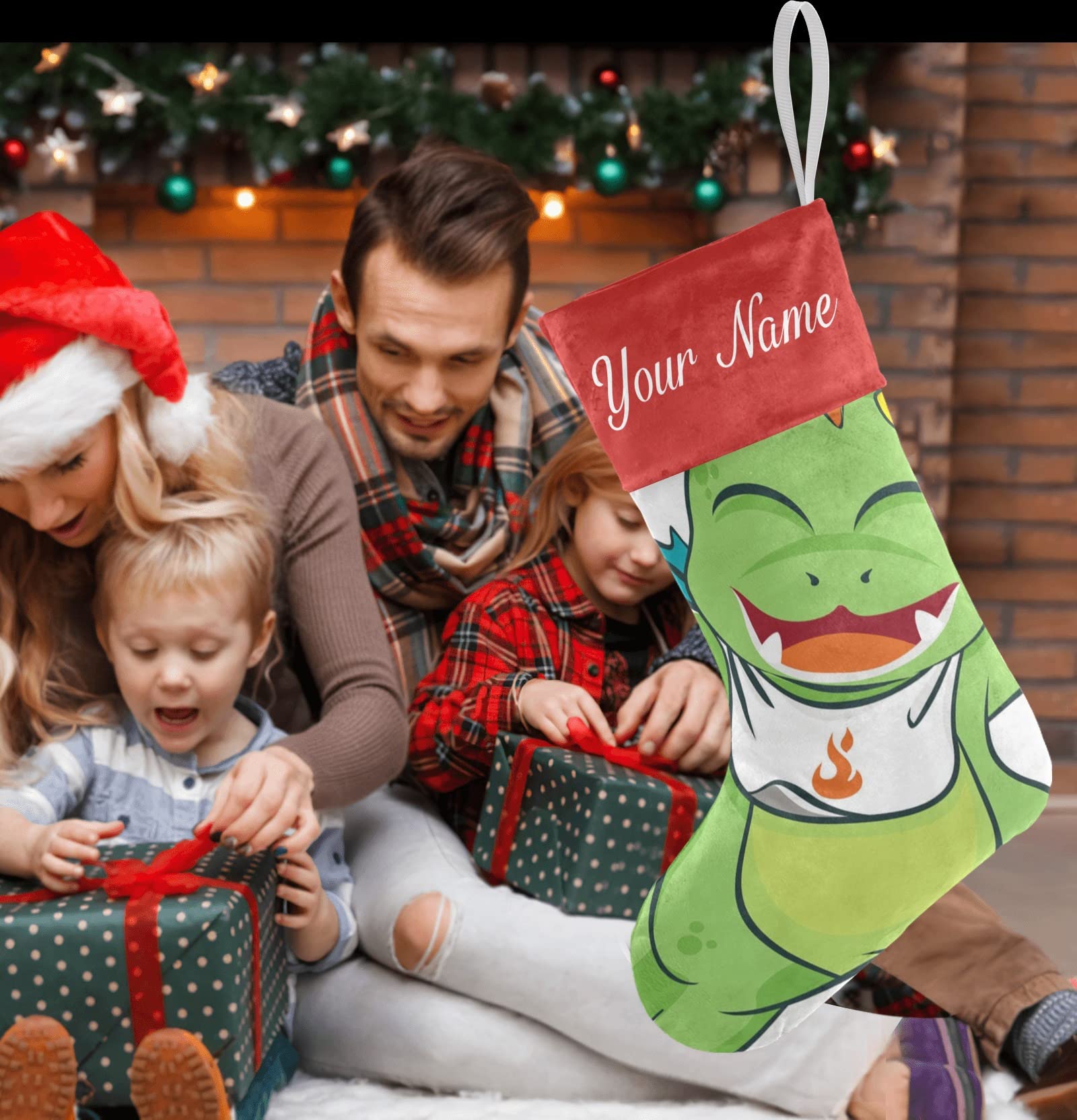 Personalized Christmas Stocking with Little Green Dragons Monster Design - Custom Name Socks for Xmas Tree & Fireplace Hanging Decoration - 17.52 Inch Festive Holiday Home Decor for Kids' Bedroom or Living Room