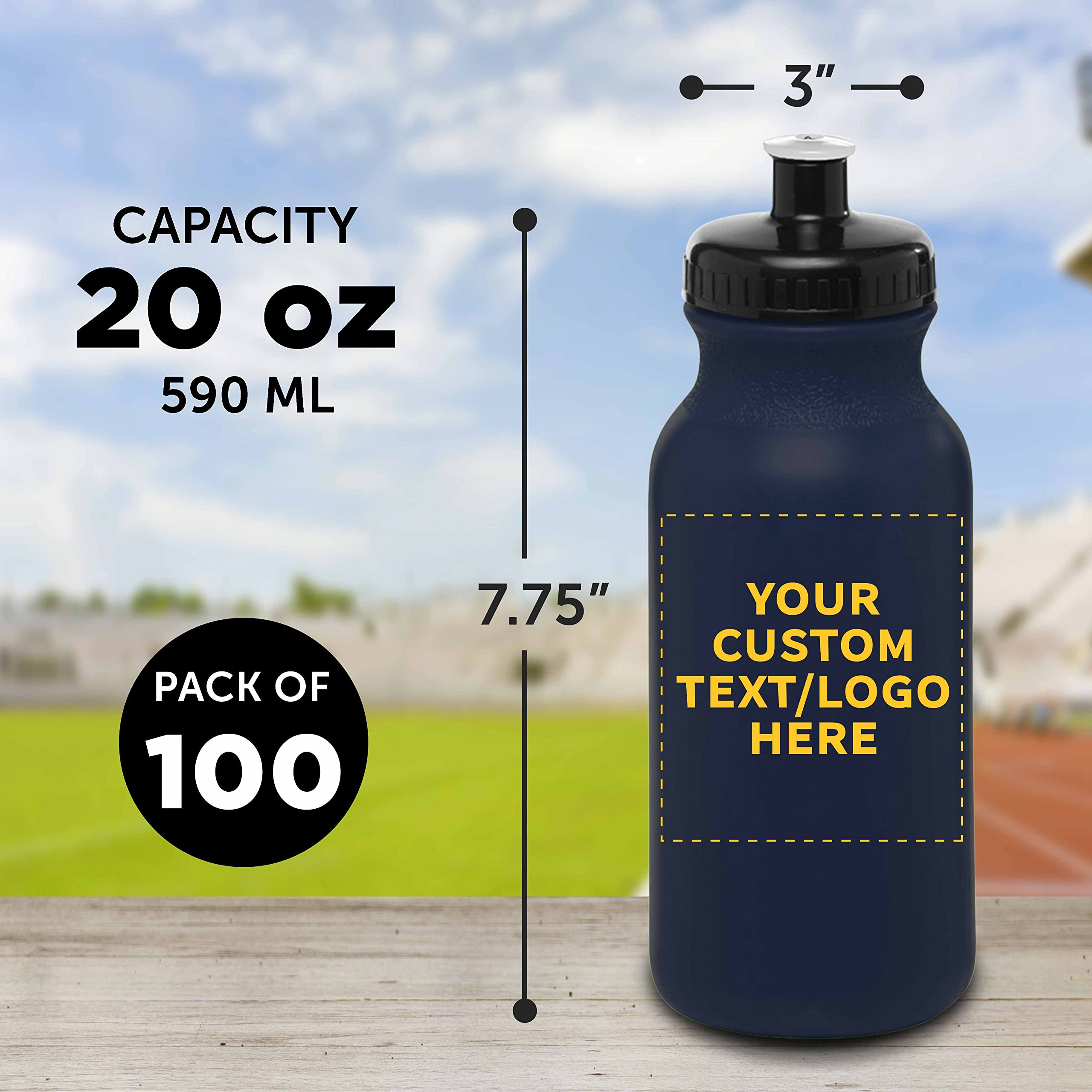 Custom 20 oz. Water Bottles with Push Cap - Bulk Pack of 100 Personalized Navy Blue Sports Bottles | Ideal for Gym, Hiking, Camping & Outdoor Activities | Reusable Hydration for Fitness & Adventure