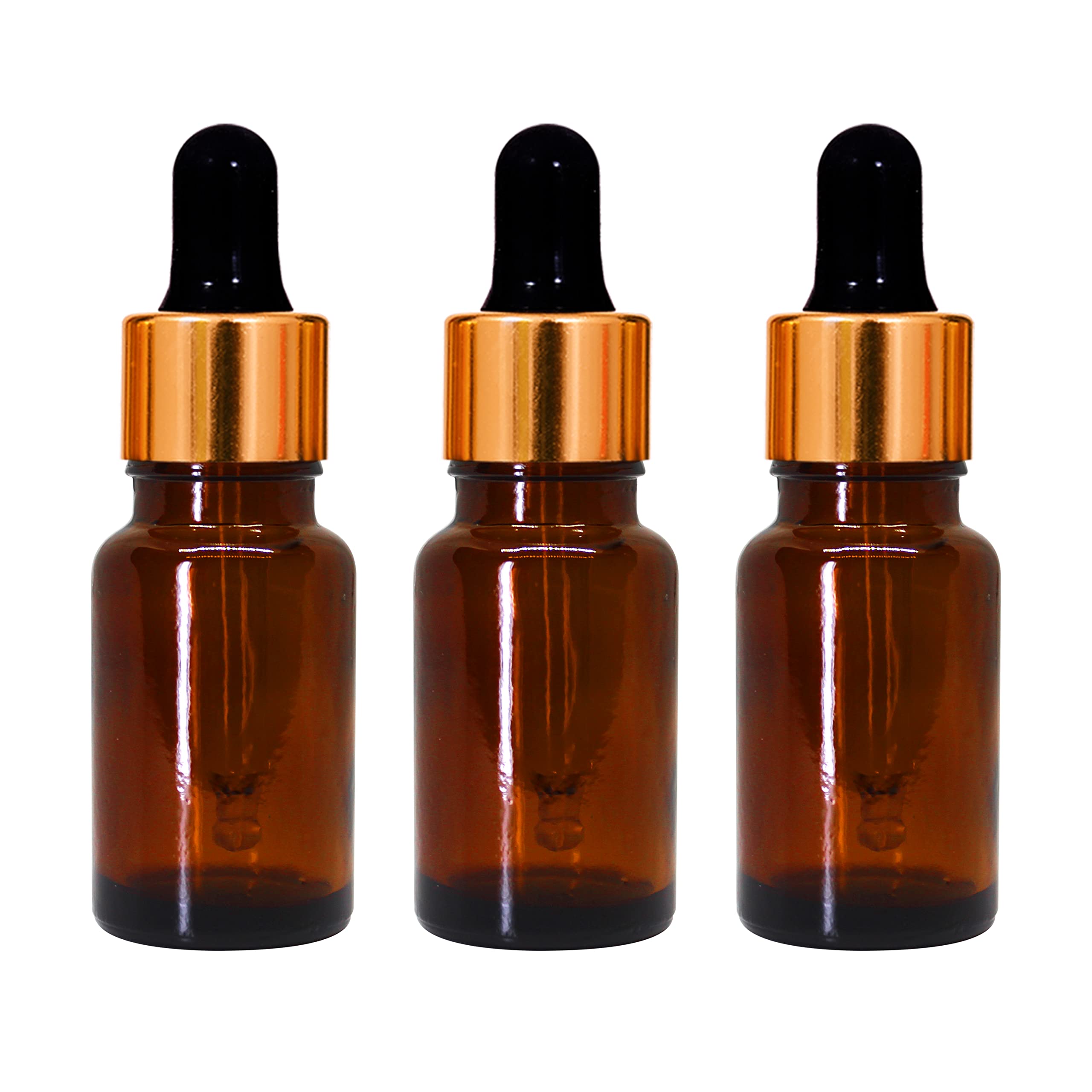 NSB Herbals 10ml Amber Round Empty Glass Bottle with Glass Dropper, Gold Ring & Black Silicone Teat - Leak Proof, Refillable for Essential Oils, DIY Perfumes, Aromatherapy (Pack of 3) - Perfect for Travel, Home Use & Gift Sets