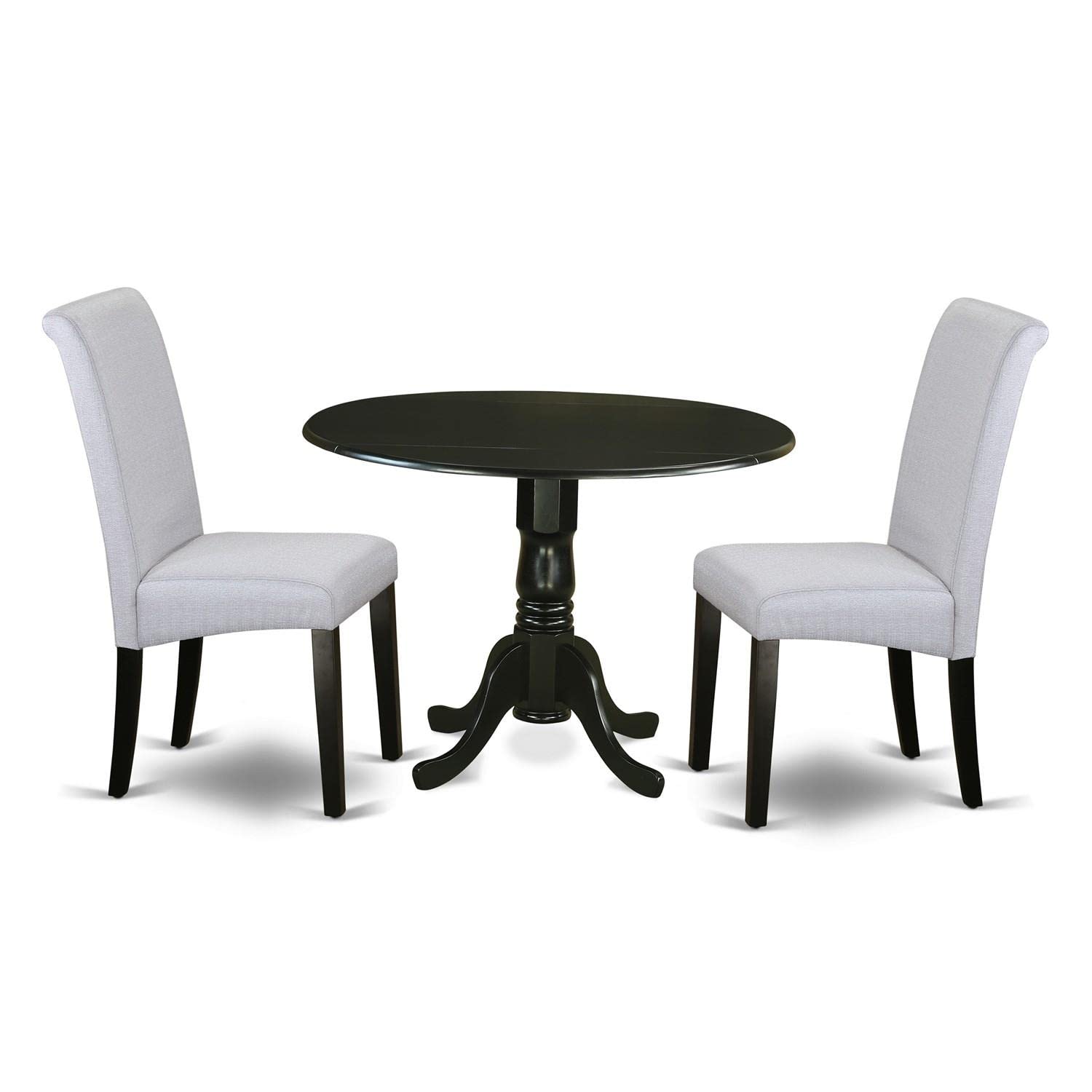 East West Furniture DLBA3-BLK-05 3-Piece Round Kitchen Dining Set with Drop Leaf Table & 2 Grey Linen Parsons Chairs, 42x42 Inch, Black - Perfect for Small Spaces, Breakfast Nooks & Cozy Apartments