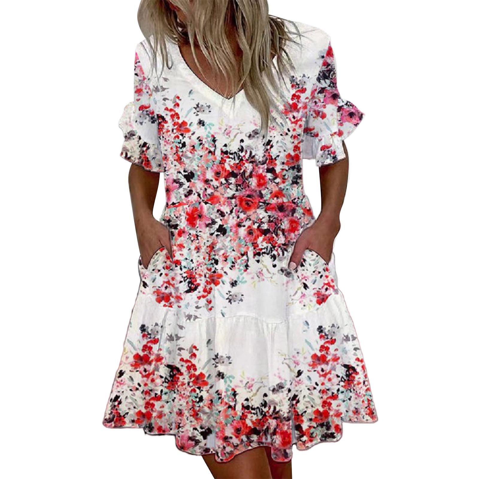Kaniem Women's Casual Short Sleeve T-Shirt Dress with Pockets - Summer Swing Dress for Women - Graphic Print T-Shirt Dress - Perfect for Beach, Vacation & Everyday Wear