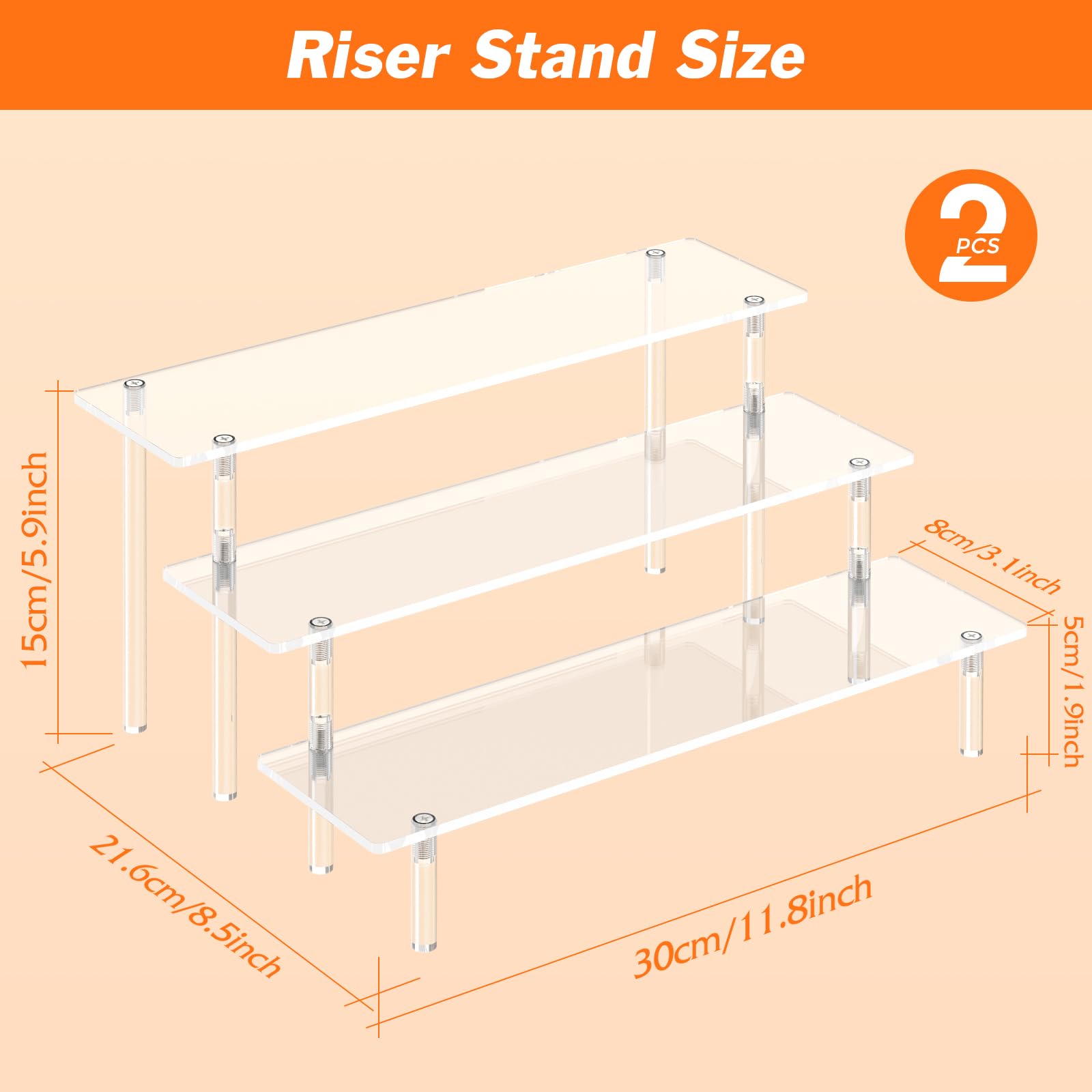 3 Tier Acrylic Display Risers - Large Clear Perfume Organizer & Cupcake Stand Holder - Decorative Shelves for Figurines, Desserts, Party Decor - Perfect for Vanity, Retail Display & Home Decor (2 Pack)