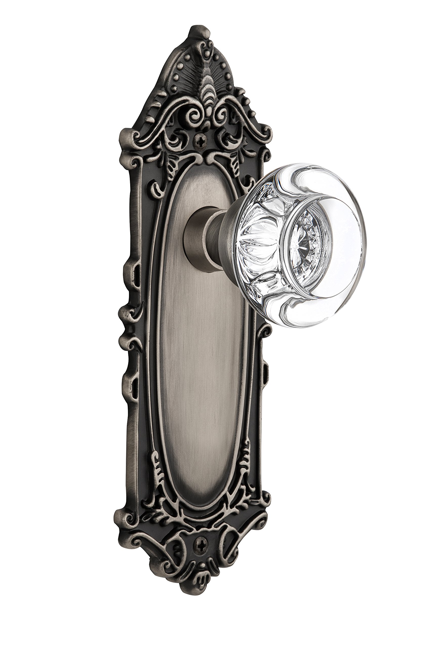 Antique Pewter Victorian Plate with Round Clear Crystal Glass Knob - Double Dummy Door Hardware for Vintage Home Decor | Perfect for Restoring Historic Houses & Adding Classic Elegance to Interior Doors