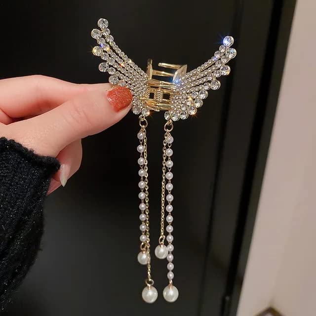 Samyak 2-Pack Rhinestone Pearl Tassel Hair Claw Clips for Women & Girls - Hair Clutcher Barrettes Set (Tassel-2p) - Perfect for Parties, Weddings & Everyday Hairstyles