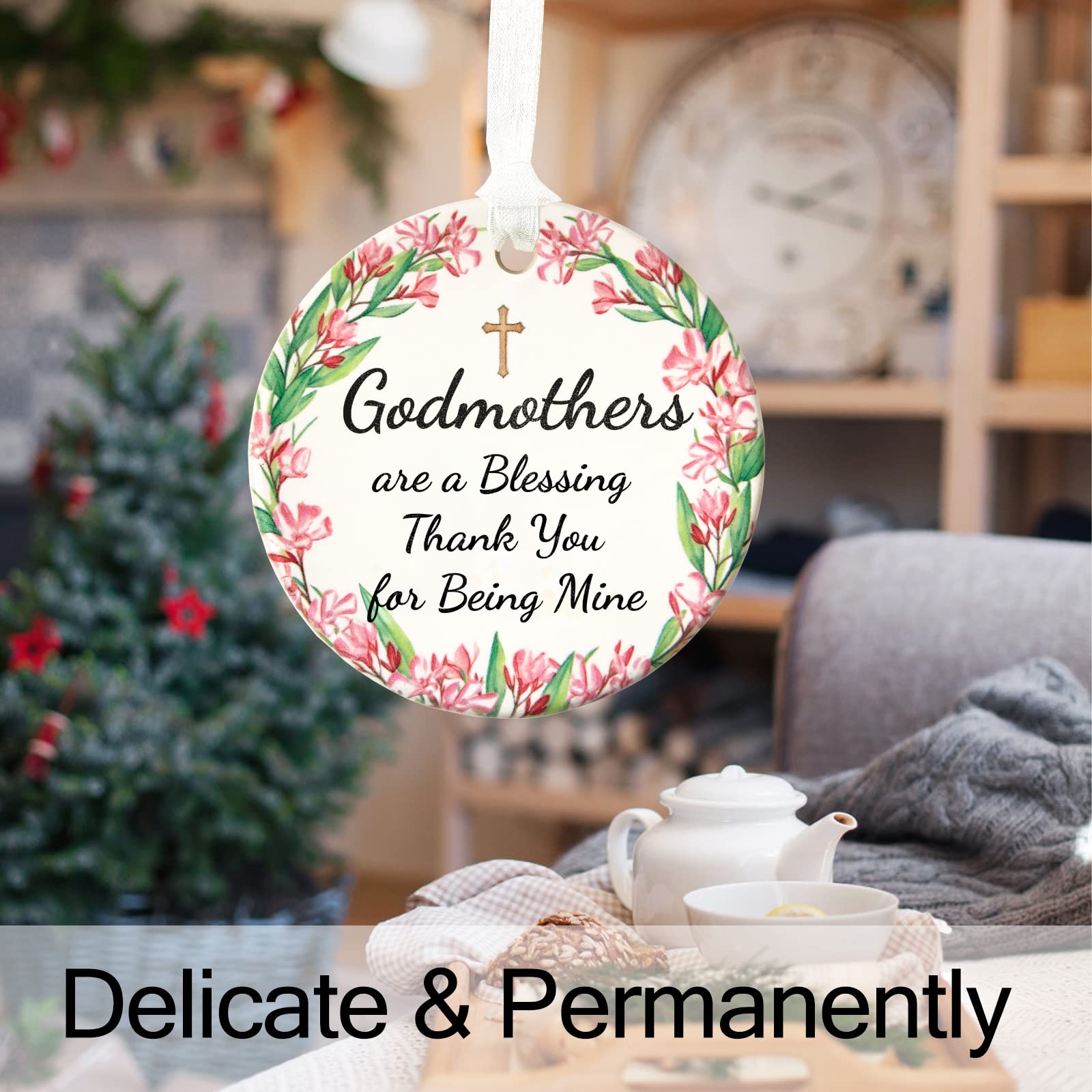 2025 Godmother Christmas Ornament - Ceramic Blessing Gift for Godmother (2.9 Inch) - Perfect for Holiday Tree Decorations & Thank You Presents - 'Godmothers Are a Blessing' Keepsake