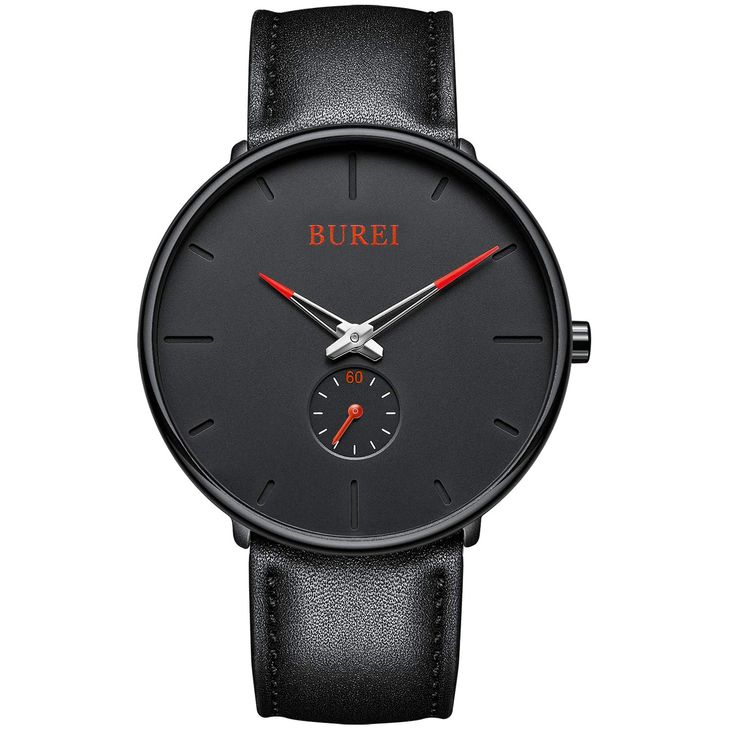 BUREI Men's Minimalist Analog Watch - Waterproof Stainless Steel Case with Black Dial & Genuine Leather Strap - Perfect for Business, Casual Wear & Everyday Use