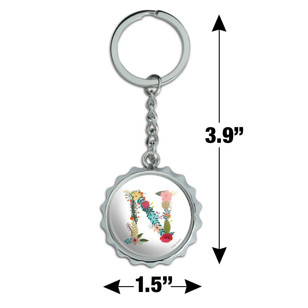 Floral Monogram Letter N Keychain - Chrome Plated Metal Bottle Opener with Pop Cap - Perfect for Gifts, Home Decor & Party Accessories