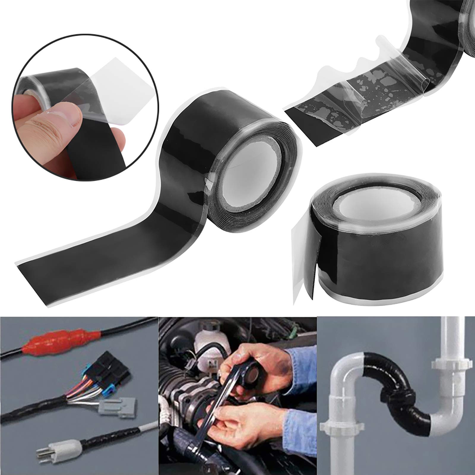 Self-Fusing Silicone Tape - Waterproof, Stretchable Electrical Wire Wrap & Emergency Pipe Repair Tape (2.5cm x 300cm, Black) - Ideal for Plumbing, Automotive, Marine and DIY Home Repairs