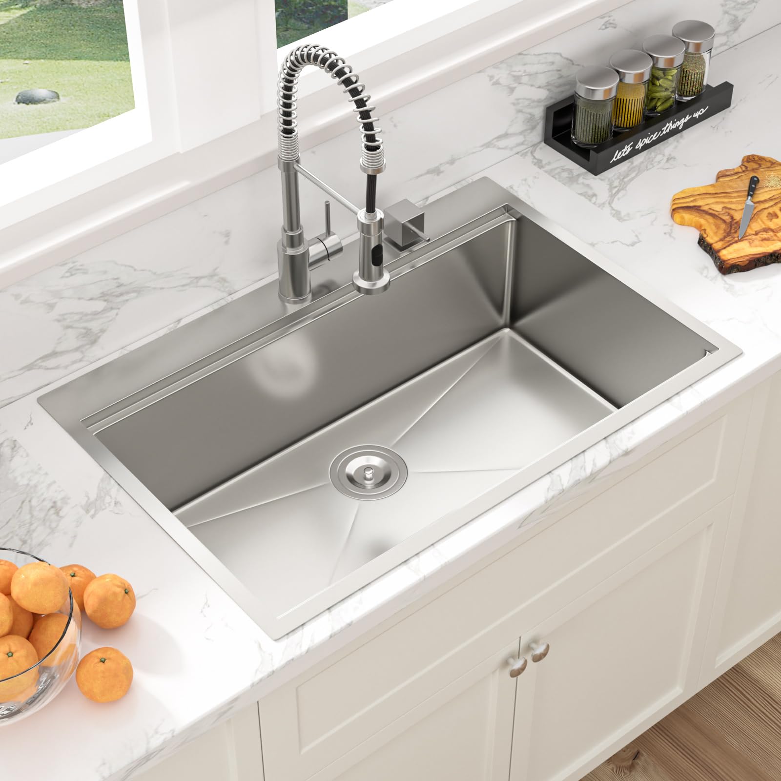 Sarlai 33x22 Inch Drop-In Kitchen Sink - 16 Gauge Stainless Steel Single Bowl Topmount Sink with Ledge Workstation, Deep Basin & Rounded Corners - Perfect for Modern Kitchens, Food Prep & Dishwashing